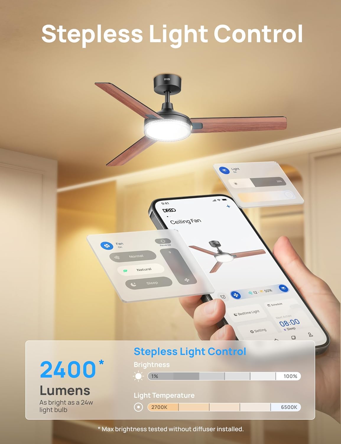 Dreo Smart Ceiling Fans with Lights, 52 Inch Black Ceiling Fan, 12 Speeds & 3 Fan Modes, Stepless Color Tones, Dimmable LED Light, 1-12H Timer, Quiet DC Motor, Remote/APP/Alexa/Wall Switch Control