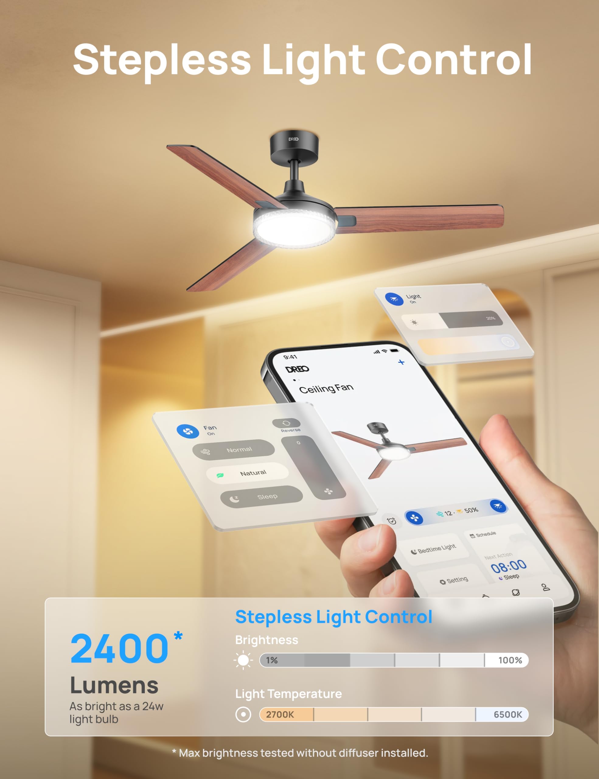 Dreo Inteligentny wentylator sufitowy 132 cm ze światłem, 12 prędkości i 3 trybami, regulowana temperatura, ściemniana dioda LED, timer 1-12 h, cichy silnik prądu stałego, aplikacja, Alexa i