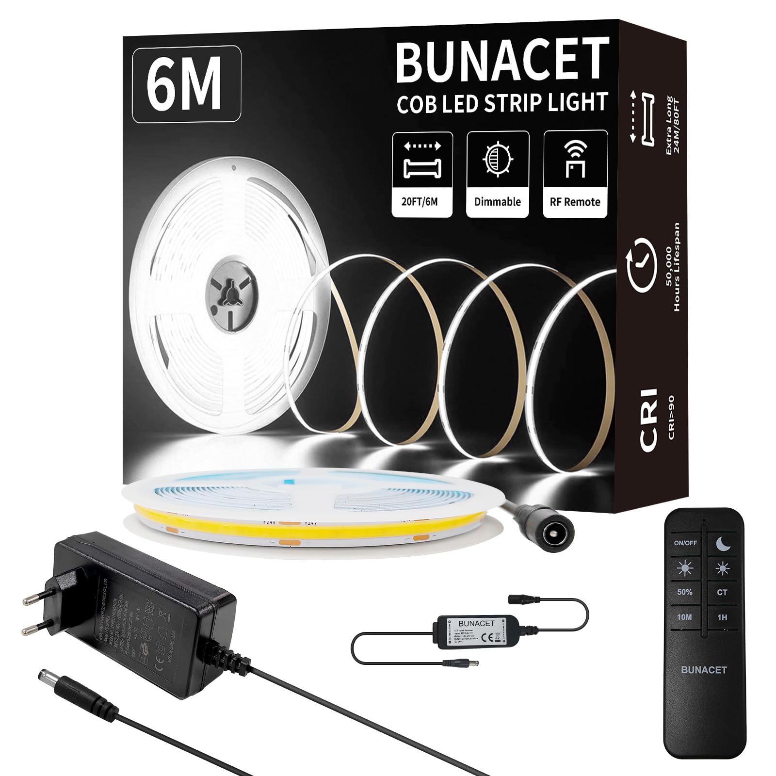 BUNACET COB LED Streifen 6M, LED Strip Kaltweiß Dimmbar 24V 6500K, CRI90+ Lichtband LED Band Stripes mit Netzteil und RF Fernbedienung für Küche, Schlafzimmer, Wohnzimmer, Schrank, Spiegel