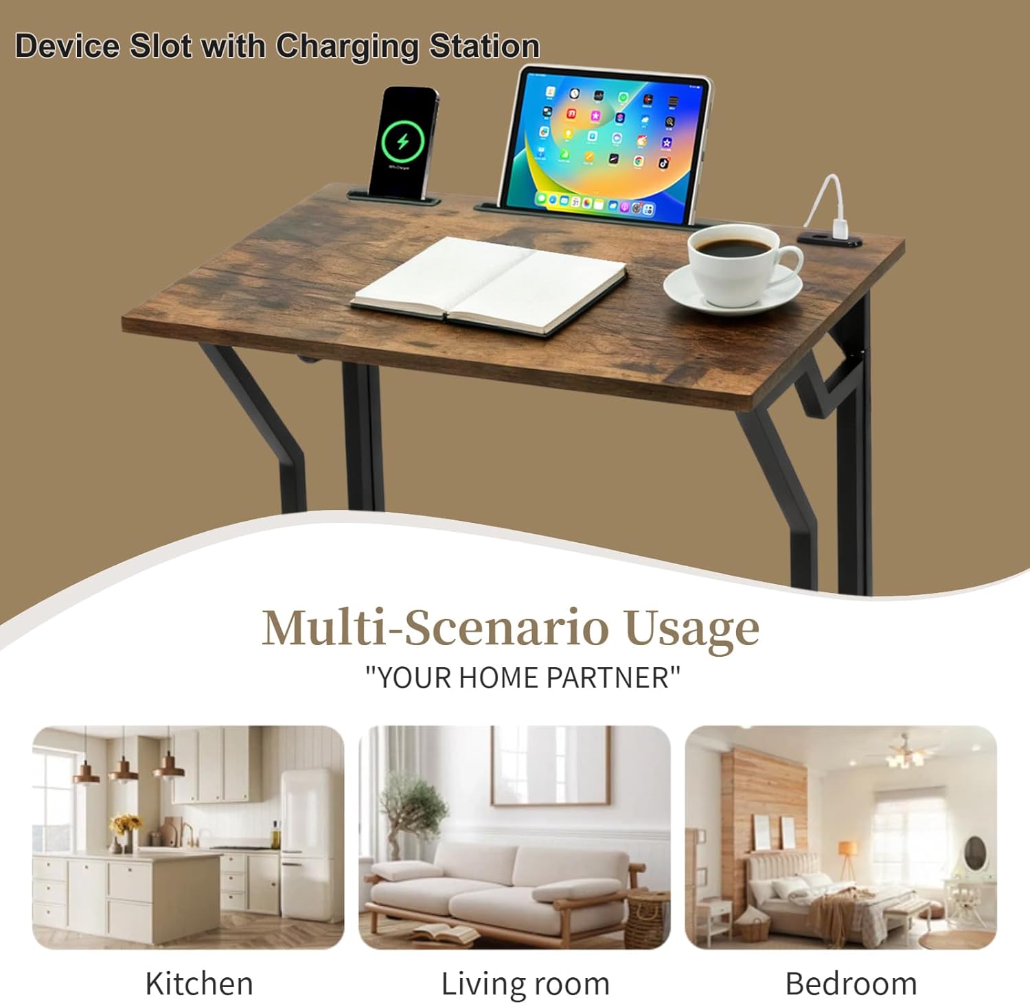 24"Wx 28"H Folding TV Tray for Eating, Foldable TV Dinner Table, Side Table Slide Under Couch, C-Shaped End Table with Devices Slot & Charging Stations, Small TV Tray for Living Room, Bedroom(Brown)