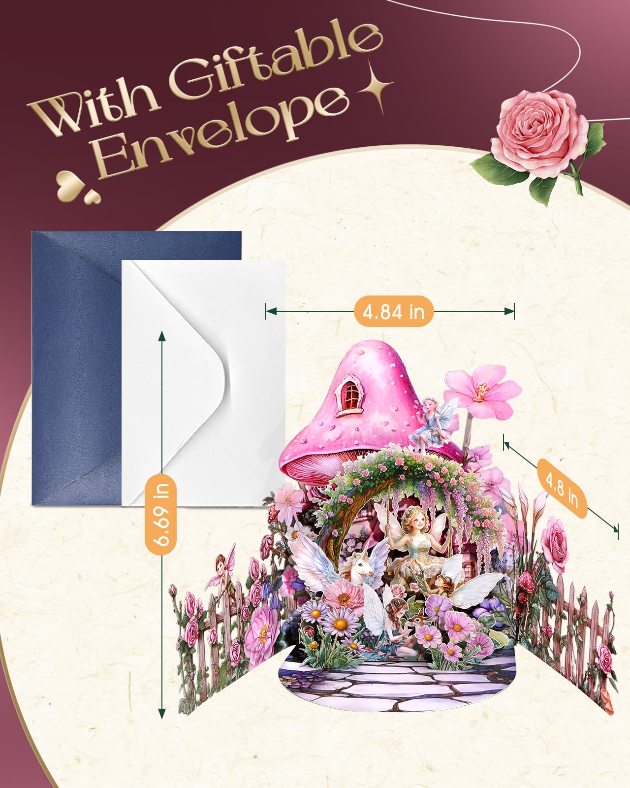 Tarjeta desplegable para el día de San Valentín, diseño de casa de hongos y unicornio de hadas, tarjetas de San Valentín 3D con sobres, tarjeta de felicitación romántica para él, su marido,
