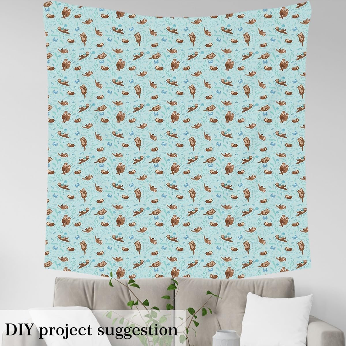 Kawaii Otter Fabric by The Yard,Cartoon Animals Graffiti DIY Art Waterproof Fabrics,Hand Draw Crab Shrimp Outdoor Fabric,Summer Seaside Theme Upholstery Fabric,3 Yards,108" L x 59" W,108" L x 59" W