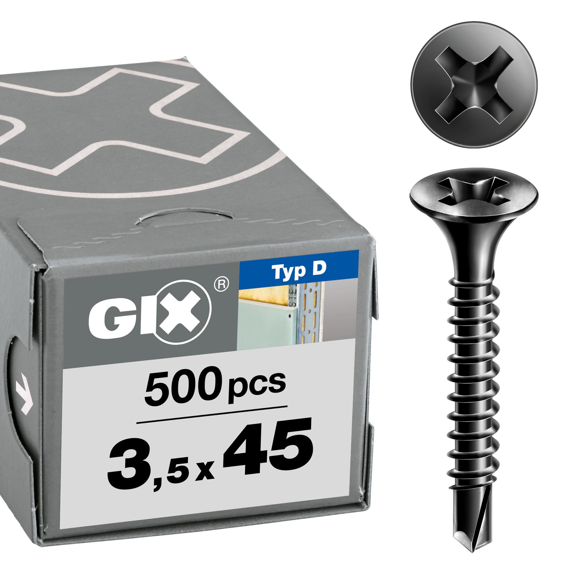 SPAX GIX-D Schnellbauschrauben 3,5 x 45 mm, Vollgewinde, 500 Stück, Bohrspitze, Kreuzschlitz-H2, Trompetenkopf, Trockenbauschrauben für verstärkte Metallprofile – 1991170350455