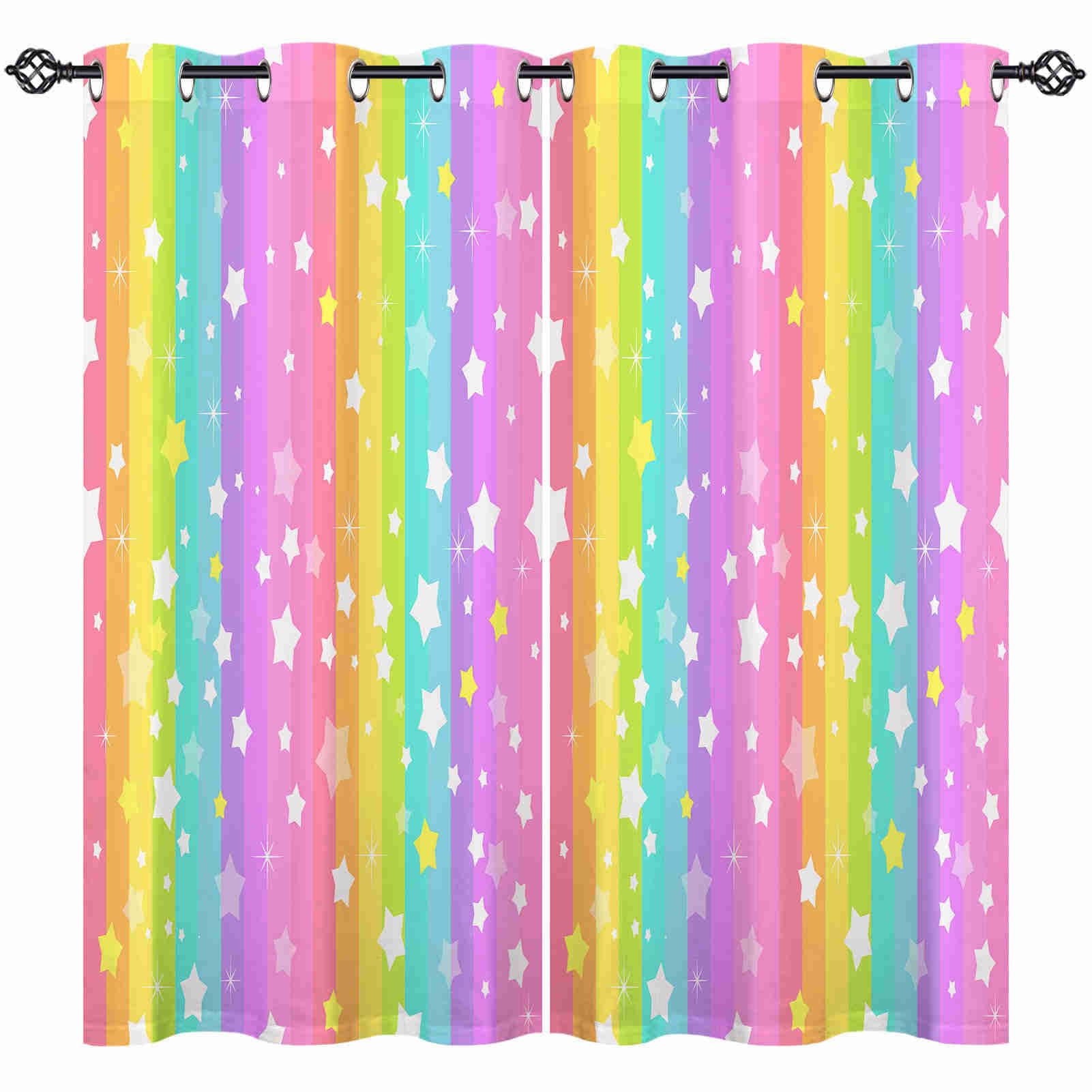 ANHOPE Rainbow Curtains Eyelet Ring Top Soft Thermal Insulated Blackout Curtains Colorful Line Stars Print Pattern Decorative Window Drapes for Girls Bedroom Living Room 52 x 63 Drop Inch 2 Panels โ image 1