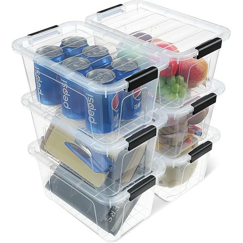 Plastic Storage Bins with Lids 6 Pack, 7 Quart Storage Containers With Black Buckle Latch, Stackable Storage Organizers for Home Pantry Office Classroom Organization, Clear
