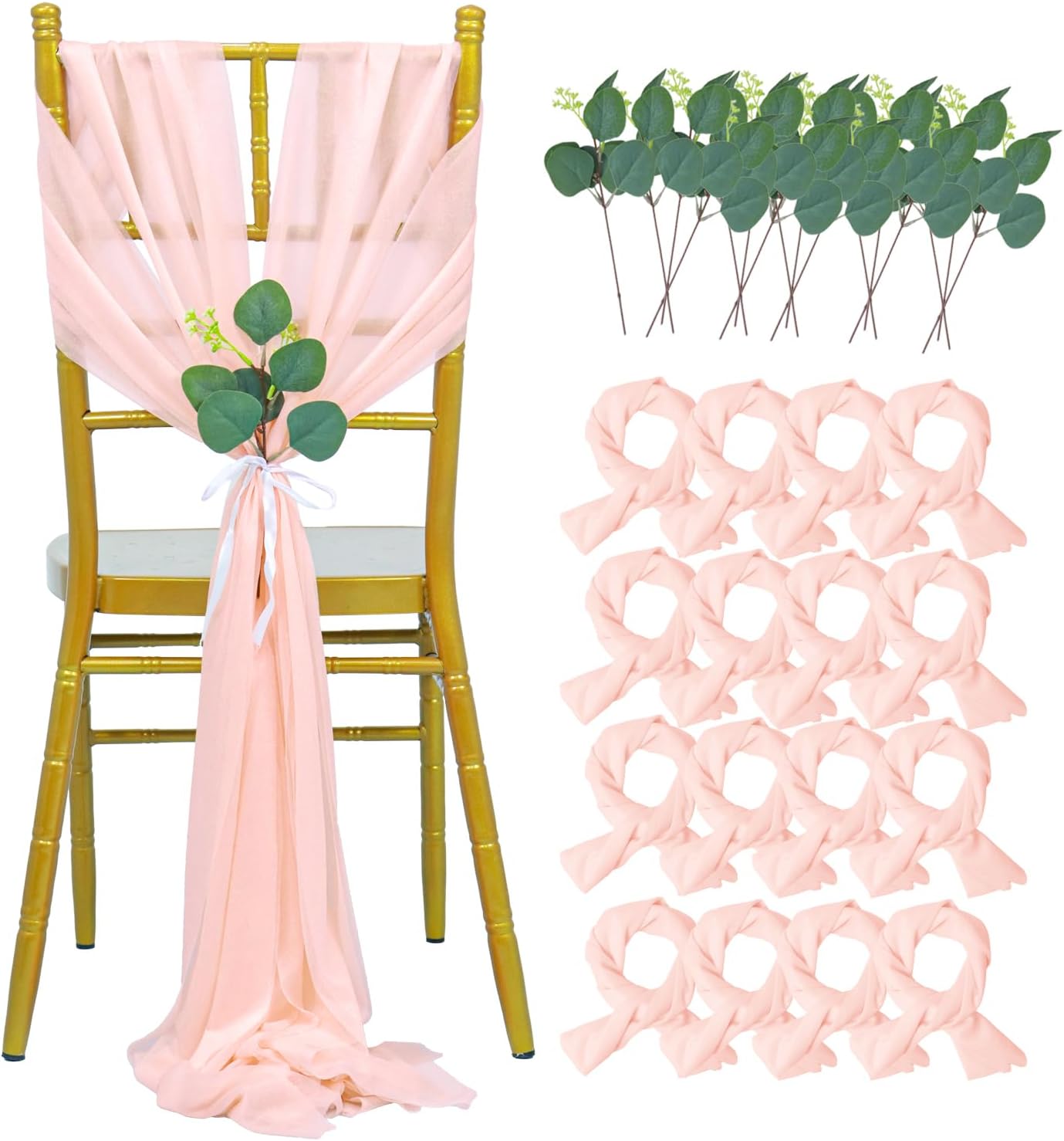 FANPROMS 16 Packs Sage Green Chair Sashes Chiffon Chair Bow Designed Decorative Wedding Aisle Sheer Chairs Sash Cover with Artificial Eucalyptus for Bridal Shower Reception Hotel Supplies