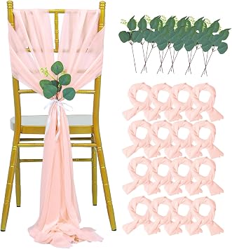 FANPROMS Blush Chair Sashes Wedding Aisle Decorations 16 Packs Chiffon Sheer Chair Sashes with Artificial Eucalyptus Tulle Chair Sash Covers for Wedding Ceremony Party Banquet Chair Decoration