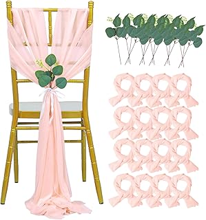 Blush Chair Sashes Wedding Aisle Decorations 16 Packs Chiffon Sheer Chair Sashes with Artificial Eucalyptus Tulle Chair Sash Covers for Wedding Ceremony Party Banquet Chair Decoration