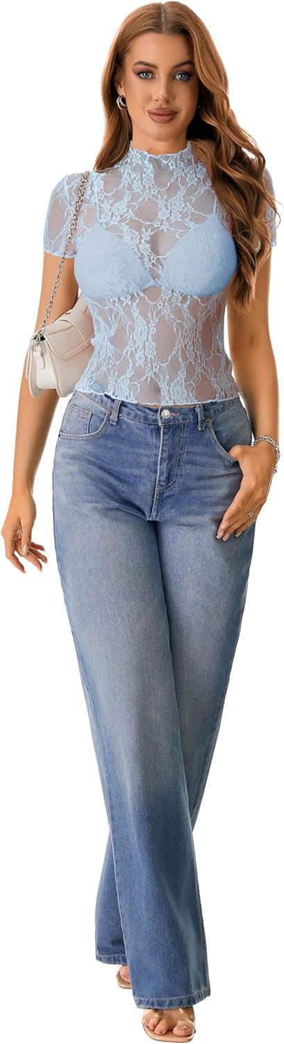 Rooscier Women's Sheer Mesh Top Short Sleeve See Through Floral Lace Slim Fit Club T Shirt - Image 6