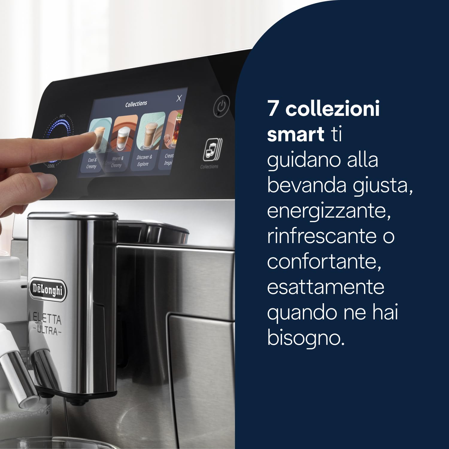 De’Longhi Eletta Ultra – Perfetto Macchina da Caffè Automatica, LatteCrema Montalatte Automatico, 50+ Bevande Calde e Fredde, Silent Technology, Display Touch a Colori, Metallo (ECAM472.85.MB)