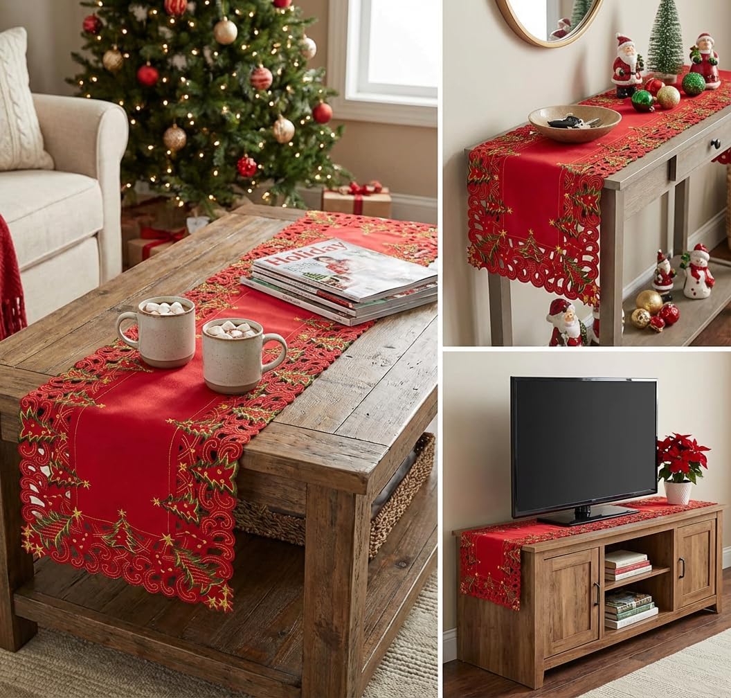SHANGRLA Christmas Table Runner 90 Inches Long – Red Lace Tablerunner with Embroidered Xmas Tree, Gold Stars & Cutwork Design – Holiday Table Decor for Dining Room, Coffee Table Centerpiece