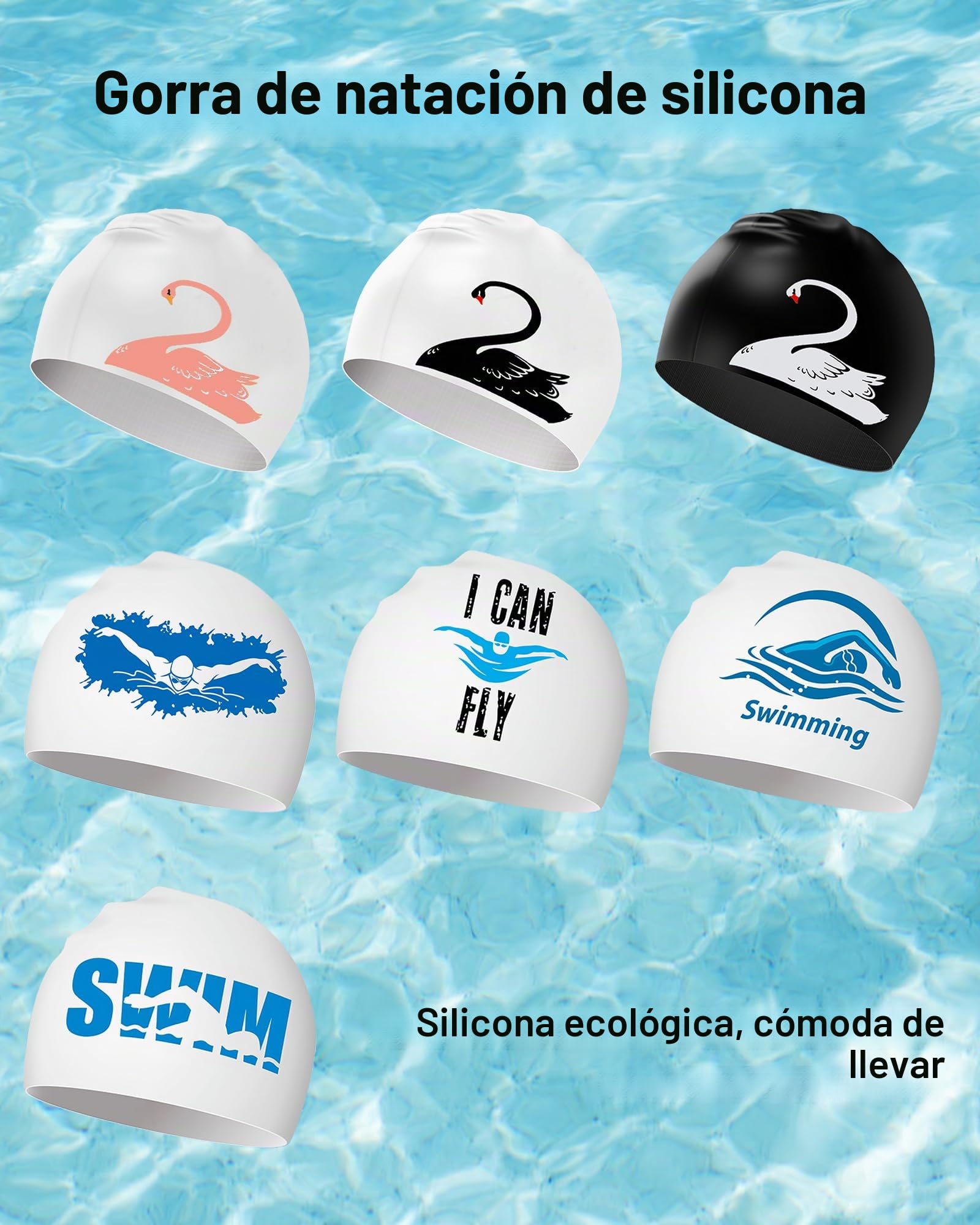 Gorro de Natación - Gorro Piscina Silicona para Mujer Hombre Adulto Adolescentes con Cabello Largo/Corto