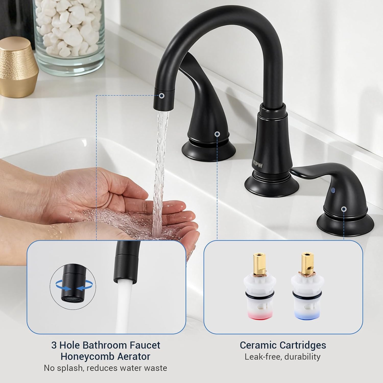 KPW Matte Black Bathroom Faucet 3 Hole, 8 Inch Widespread Bathroom Sink Faucet with Pop-up Drain Assembly and Supply Lines, Two Handle for Lavatory, Restroom