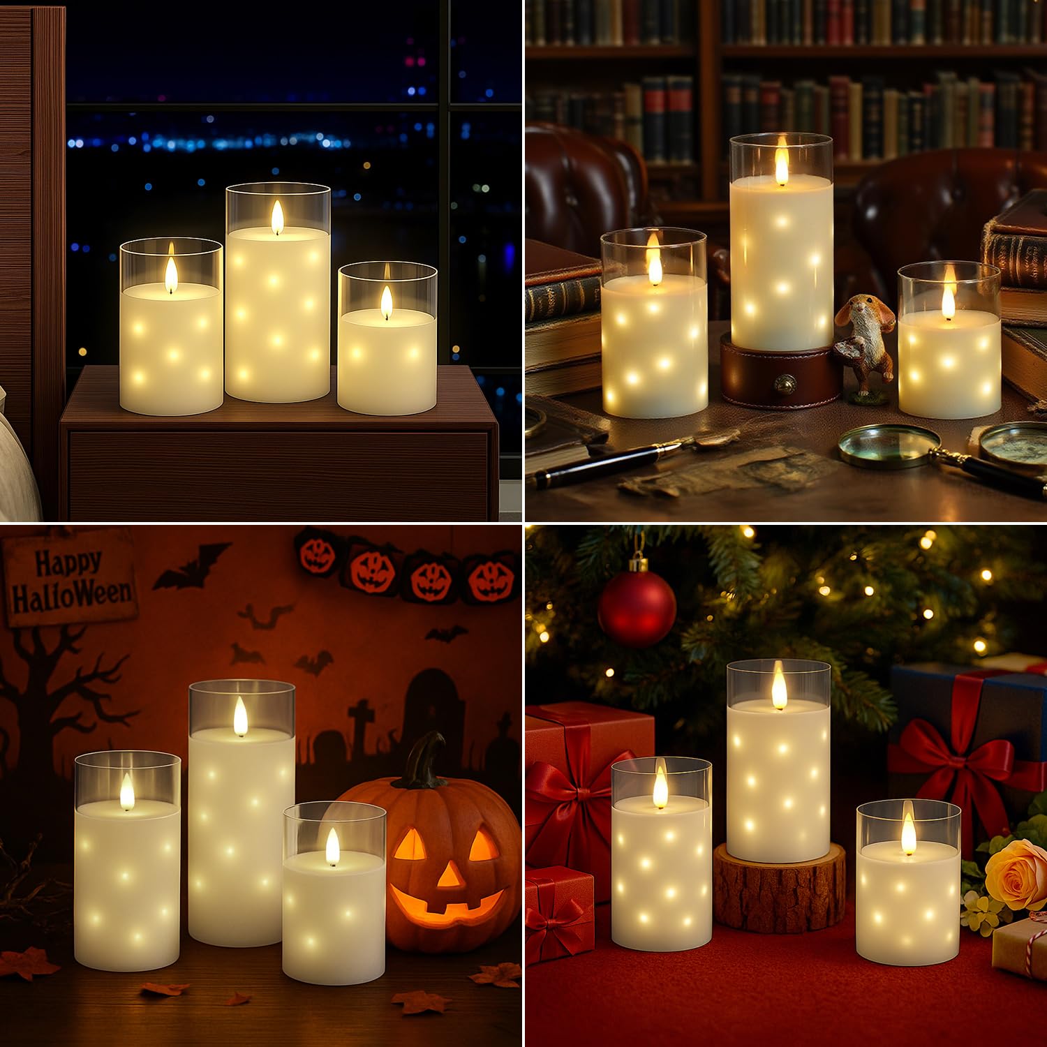 Rhytsing Lot De 3 Bougies Grises à LED En Verre Striés Classiques Avec Télécommandes, Bougies Piliers Pour Noël, H10cm/ 12.5cm/ 15cm