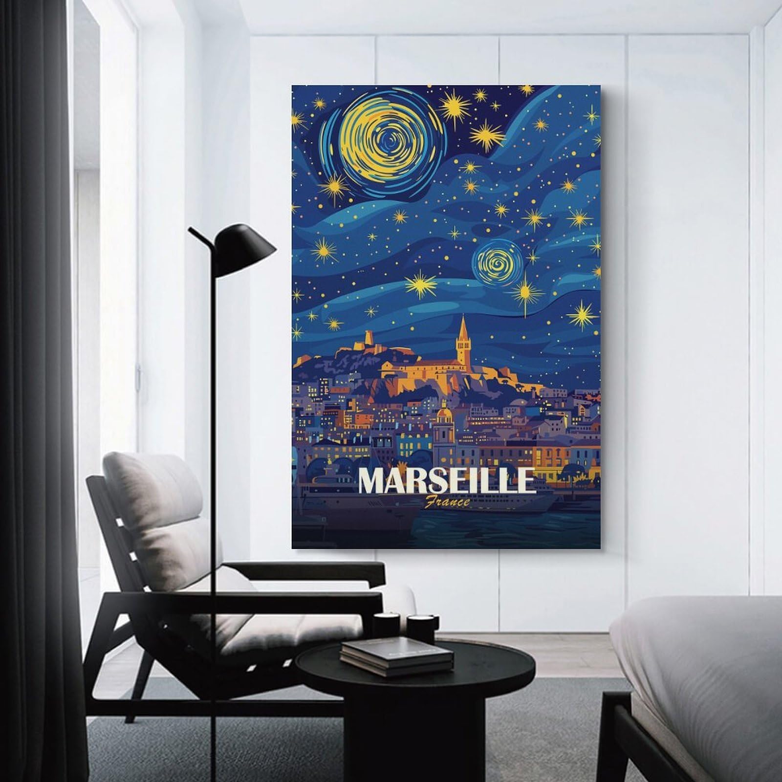 Junmoney Marseille France Nightscape Art Wall Art Print, 24x36inch(60x90cm), for Living Room, Bedroom, Office Or Hallway, Canvas Wall Art That Fits Changing Layouts