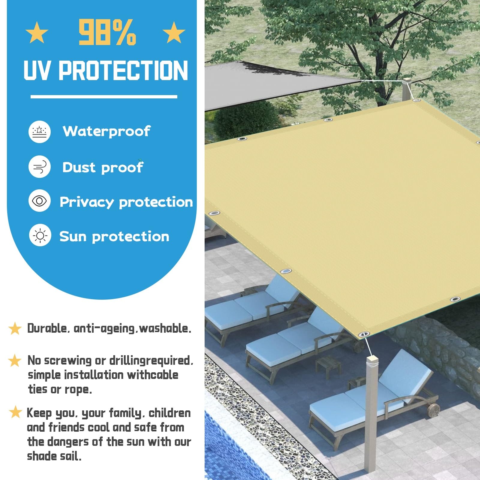 Prostokąt Żagla Przeciwsłonecznego 3 x 4 m Pes Poliester 98% Blok UV Wodoodporne Żagle Cieniujące Z Bezpłatną Liną, Do Ogrodu, Podwórka, Imprezy, Piaskowy żółty
