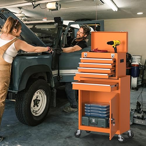 Miniatura 2 de Baúl de herramientas con 5 cajones, caja de herramientas rodante 2 en 1 con ruedas y cajones, caja de herramientas desmontable con cerradura, carro