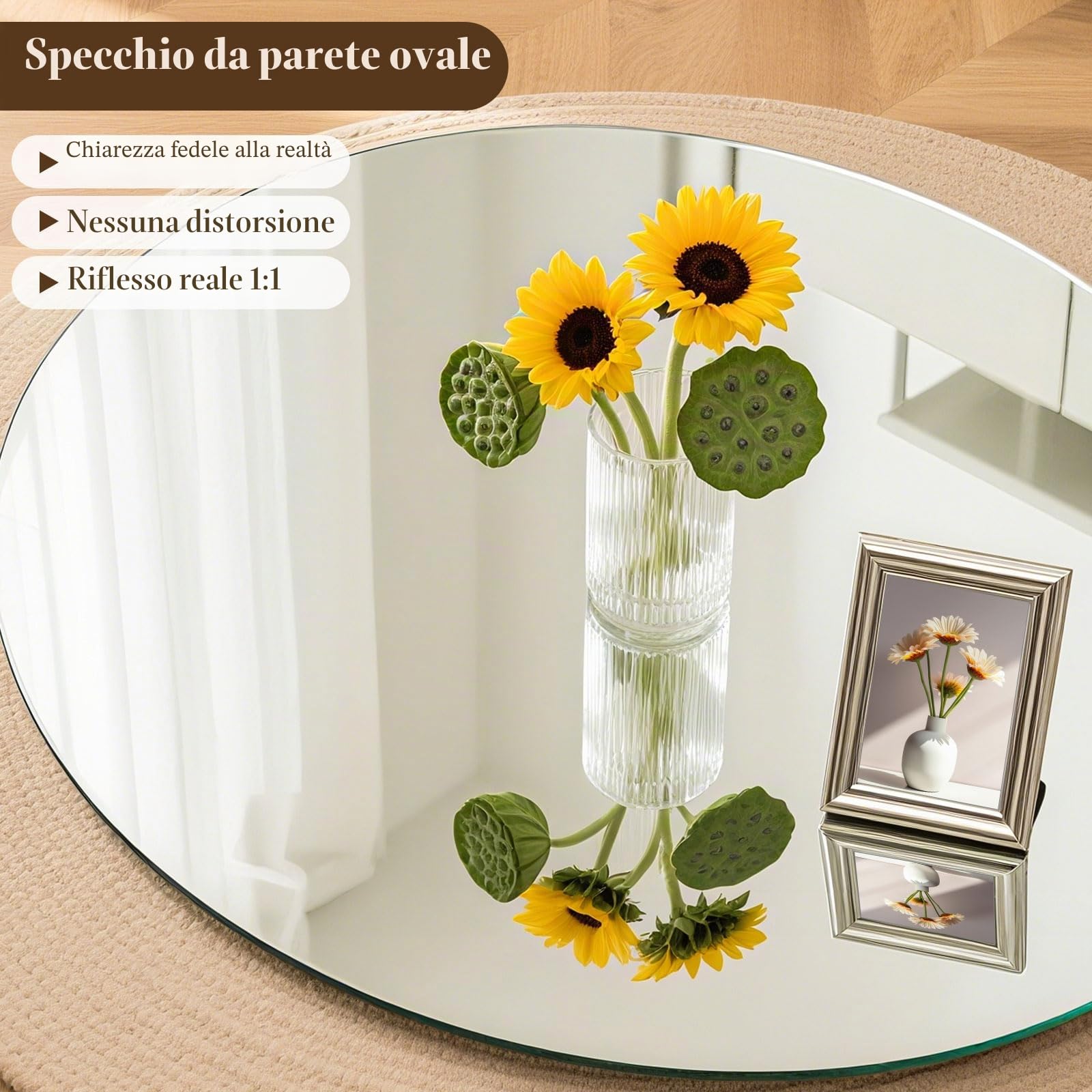 TSKDKIT Specchio da Parete Ovale 50x40cm, Specchio Adesivo Senza Bordo Specchio Ovale Autoadesivo in Vetro Grande senza Distorsione Specchio HD Decorativo per Bagno, Ingresso, Camera da Letto