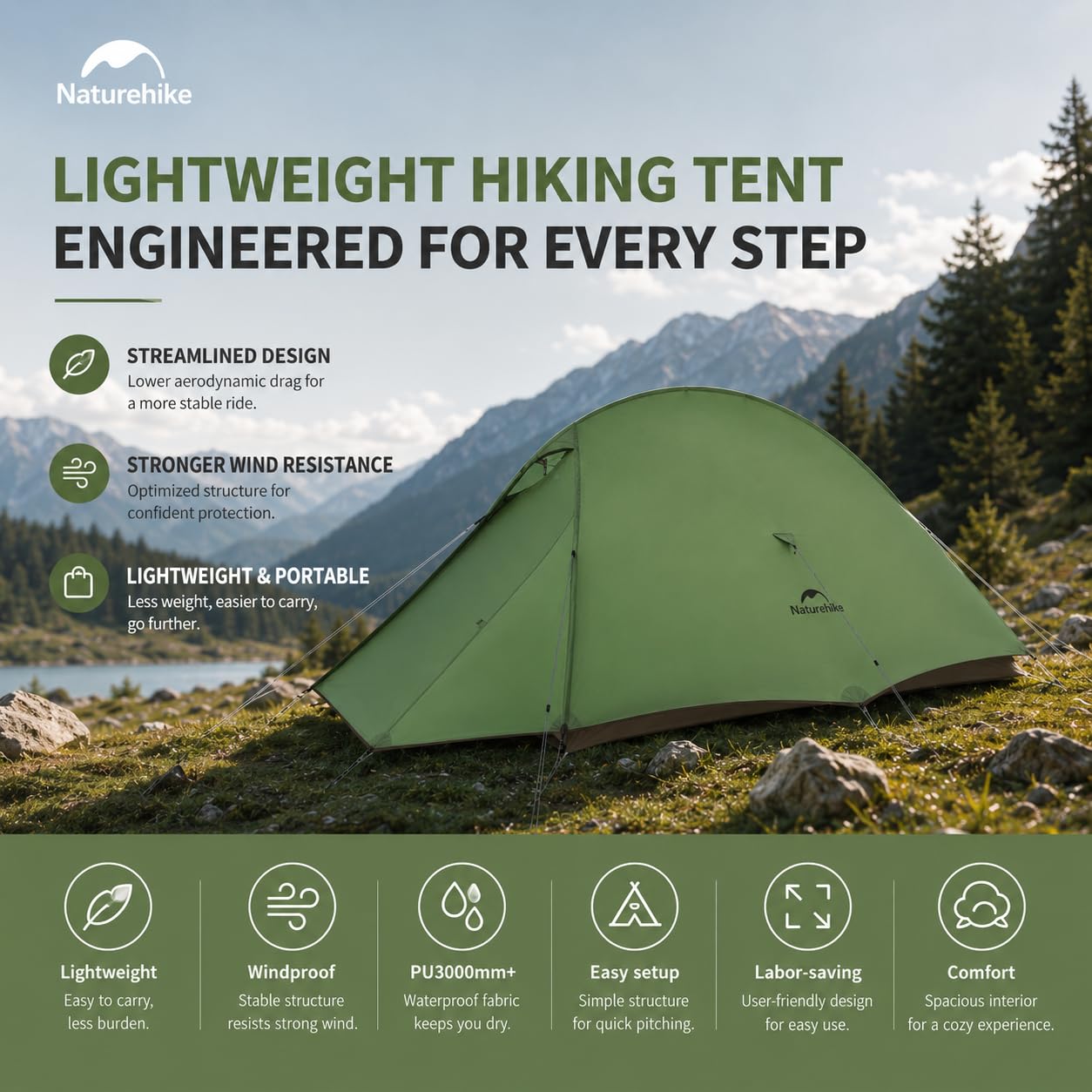 Naturehike Cloud Up, tenda da backpacking autoportante per 2 persone, ultraleggera, in nylon a doppio strato, per due persone (2 persone, nylon 20D, verde foresta)
