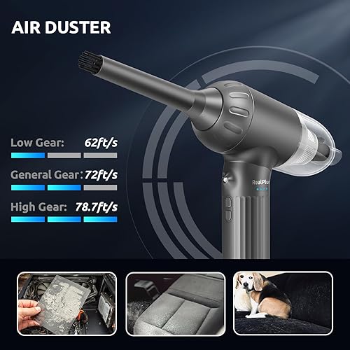 Miniatura 3 de RealPlus Plumero de aire comprimido 4 en 1, aspiradora y bomba, 12000Pa 7500mAh 3 velocidades recargable sin escobillas plumero eléctrico, soplador