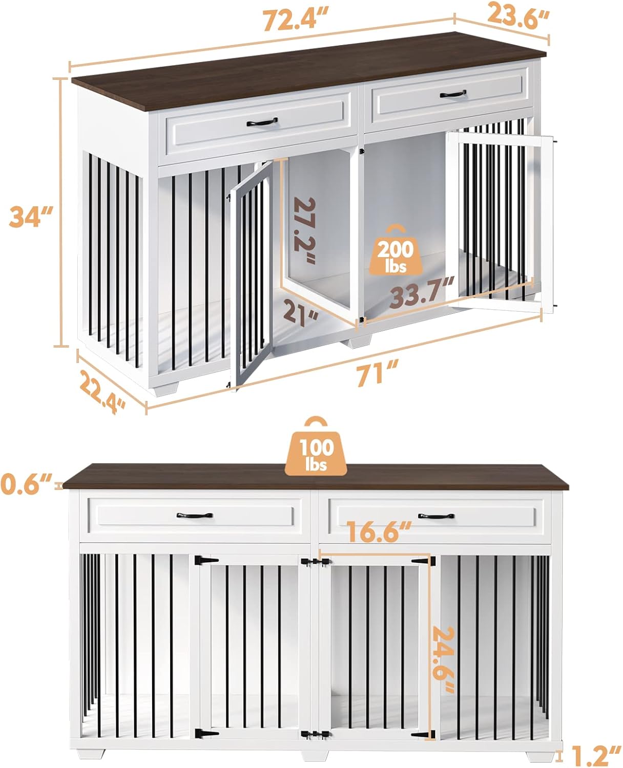 Dog Crate Furniture, 72.4 Inch Wooden Indoor Dog Kennel Cage House, Modern Decorative End Table with Double Rooms, 2 Drawers, a Divider, for Large Medium Breeds, White