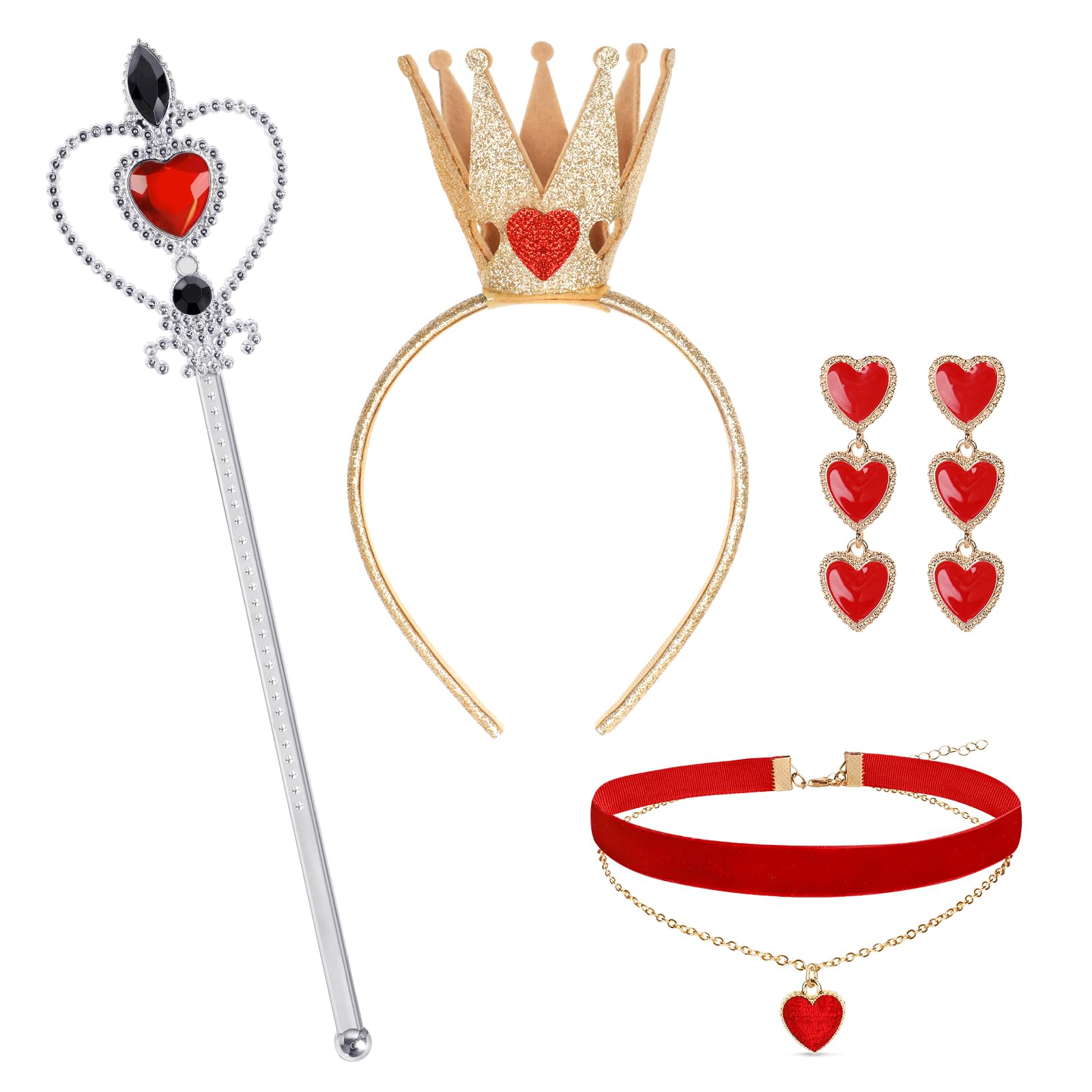 Spinosaurus 4 Pcs Queen of Hearts Accessories Sets,Gold Crown Headband Red Hearts Earrings Felt Choker Wand Fancy Dress Up Queen Costume Accessorie
