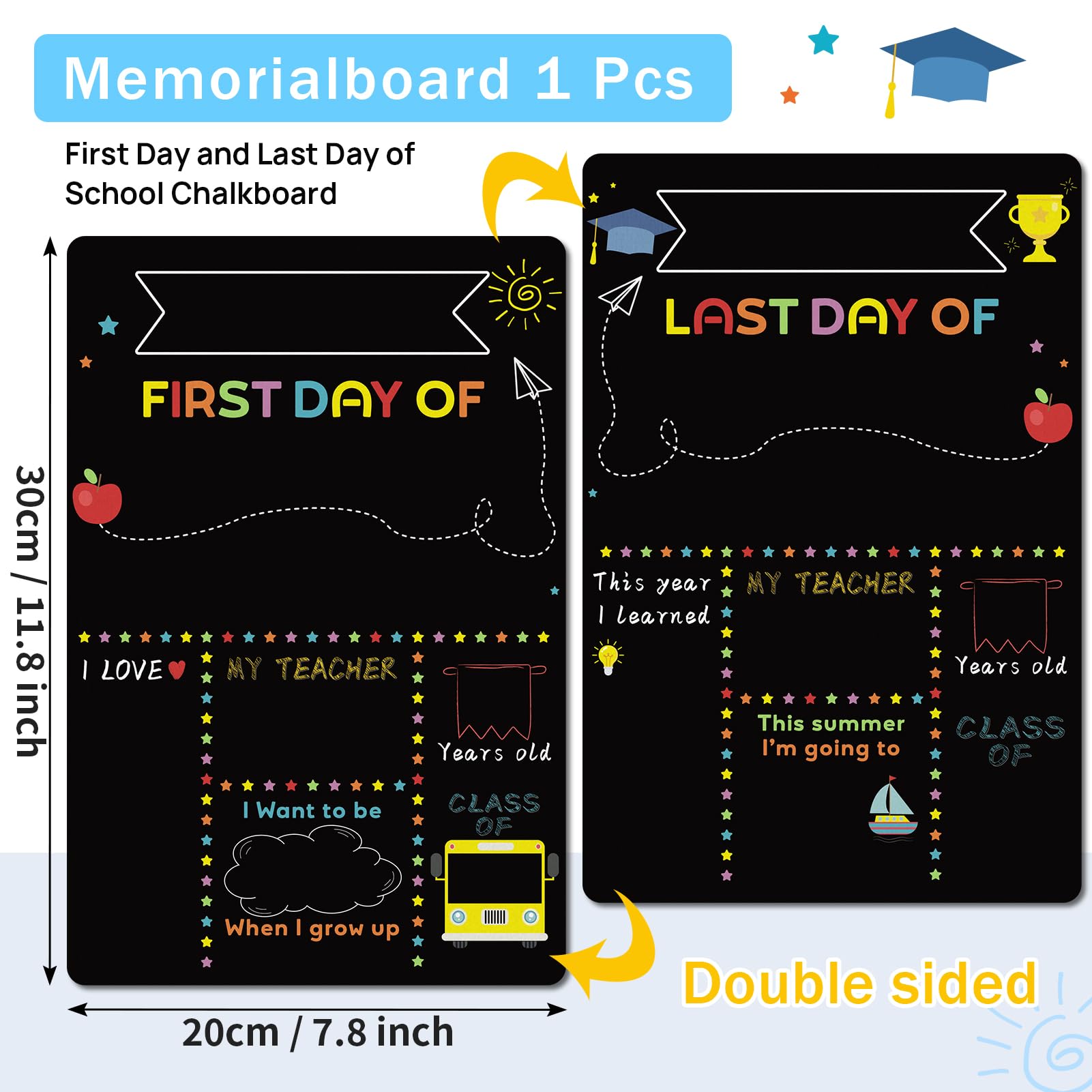 Tableau noir « First Day of School », panneau de rentrée scolaire « First Day and Last » - Double face - Accessoire photo pour enfants (30 x 20 cm)