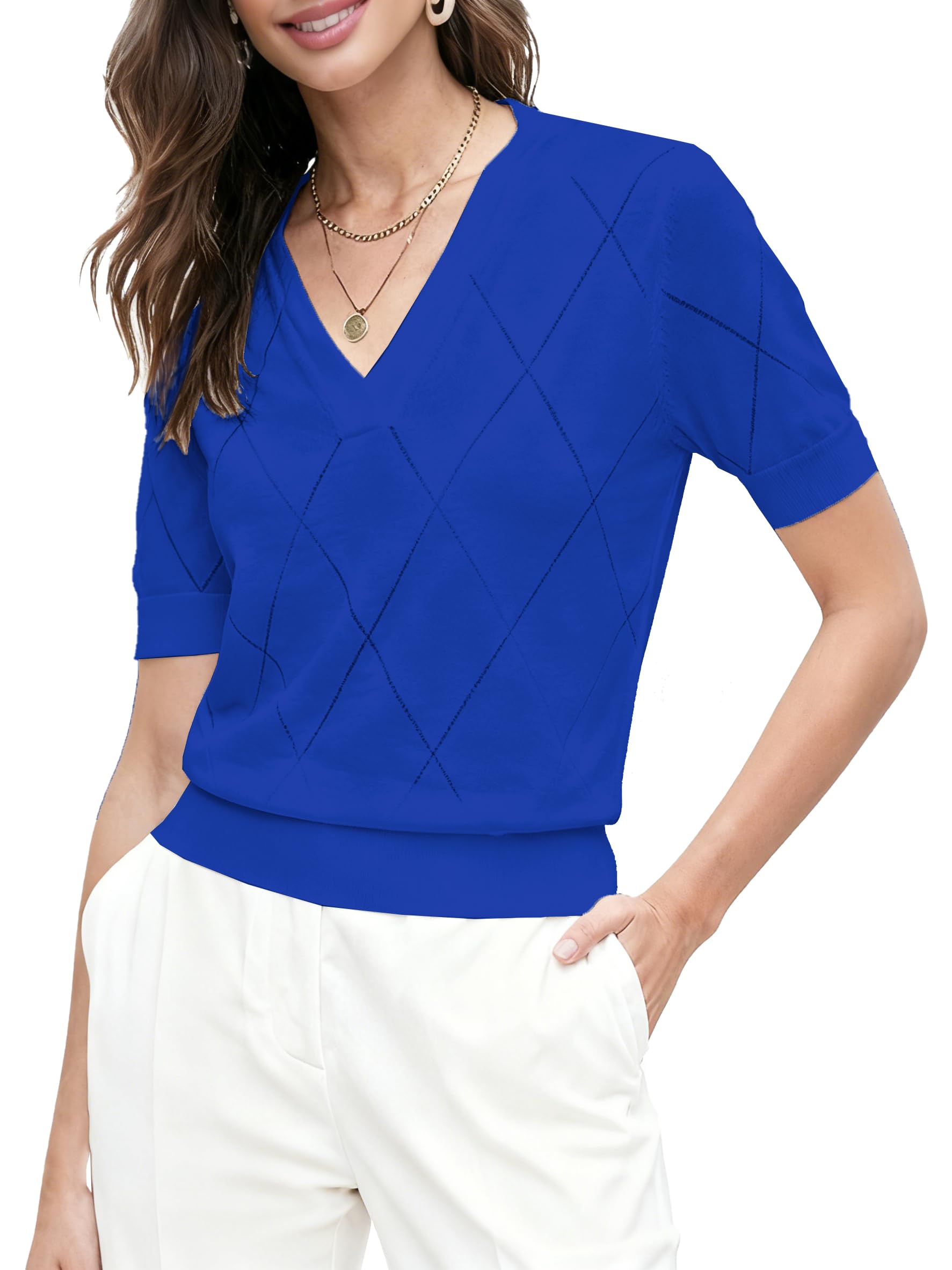 DAIMIDY Womens Short Sleeve V Neck Sweaters Casual Summer Sweater Lightweight Knit Pullover Tops