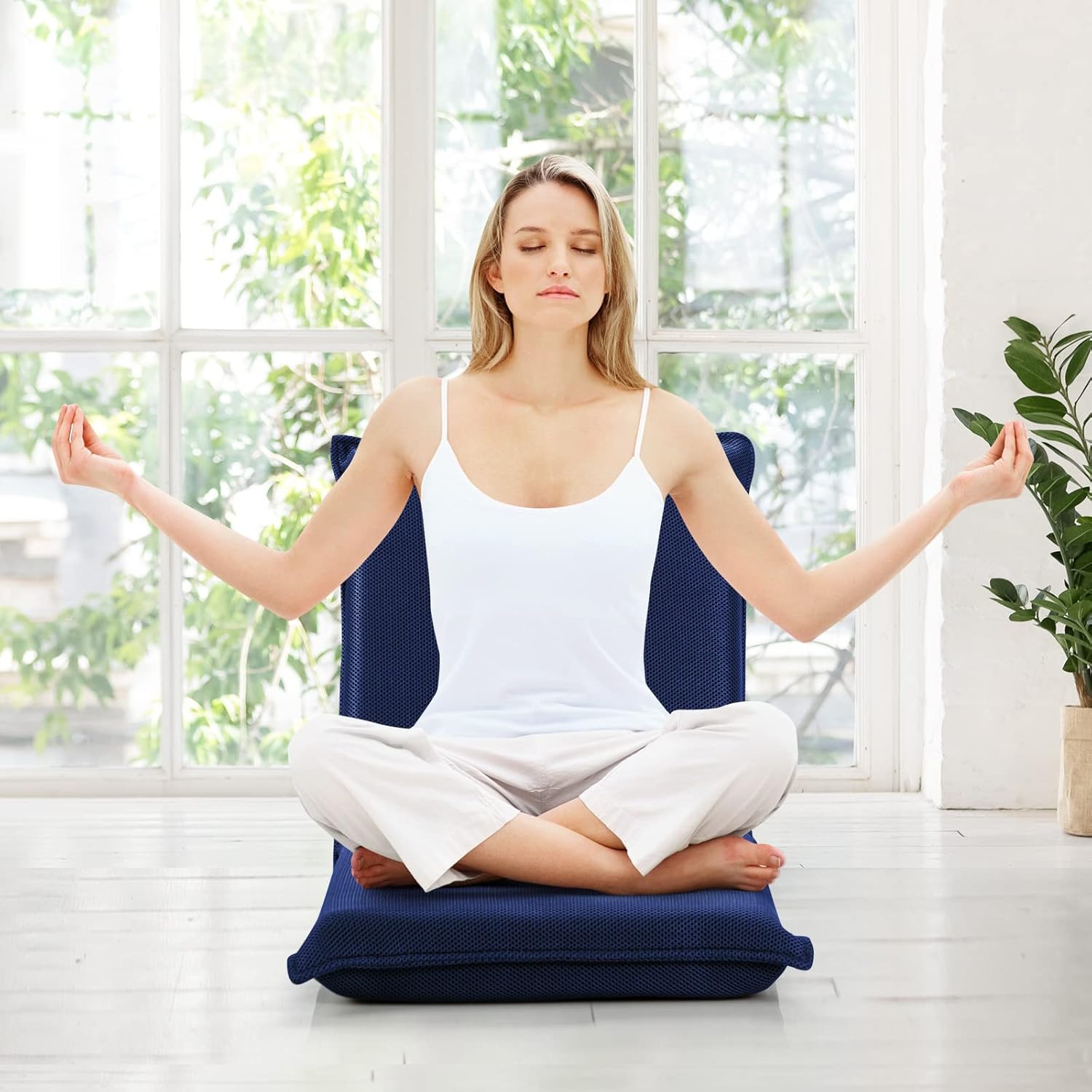 MAT EXPERT Adjustable Floor Chair, 6-Position Mesh Floor Gaming Chair, Folding Lazy Sofa Padded Lounger Recliner, Cushioned Floor Chair with Back Support for Reading, Meditating (Navy Blue)