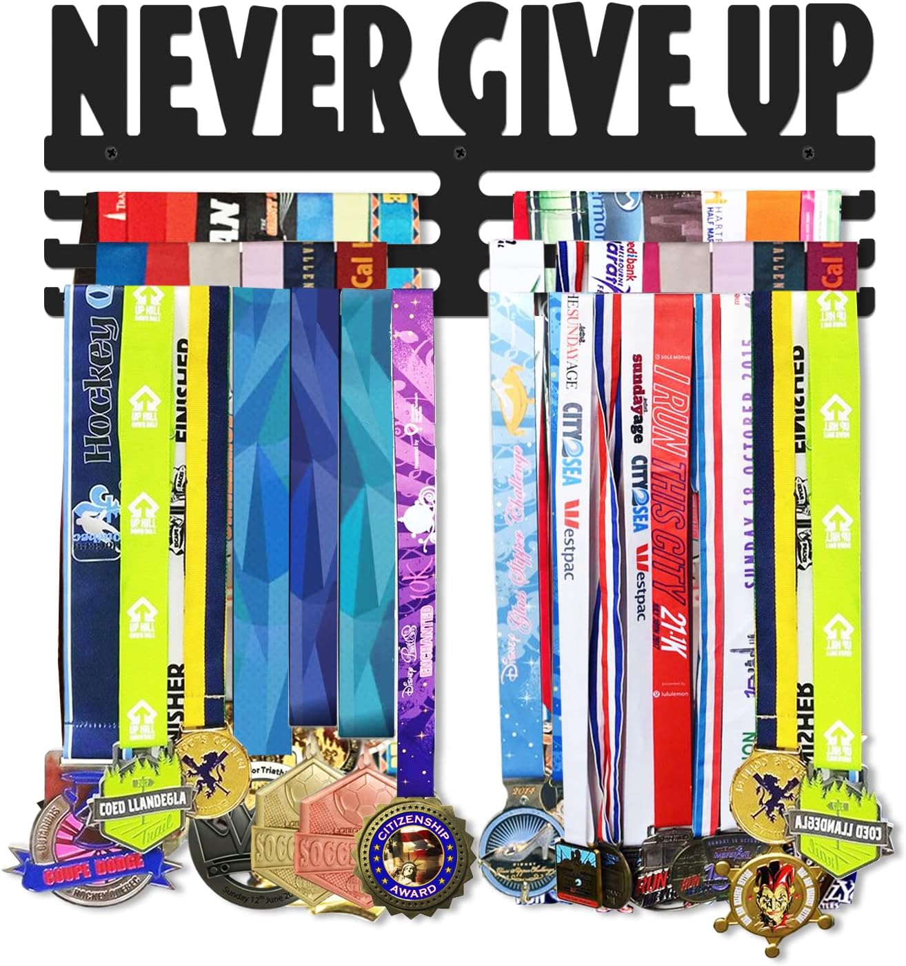 Medals Hanger Holder Display Steel Rack Hooks 15 inches Wall Mount Frame Over 60 Medals-Sports Medal Hook Storage Organizer Never Give Up Ribbon with Easy Hanging Bars Black 3 Lines