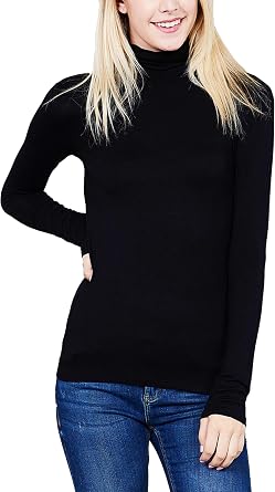 KOGMO Womens Turtleneck Long Sleeve Basic Solid Fitted Shirt with Stretch