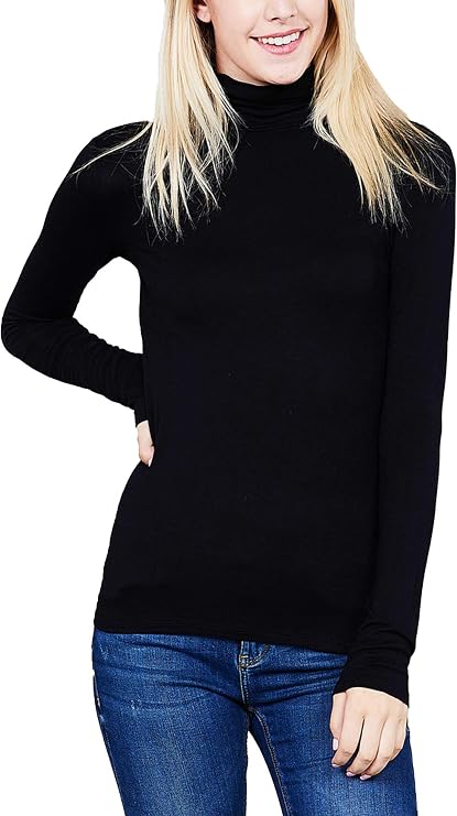 KOGMO Womens Turtleneck Long Sleeve Basic Solid Fitted Shirt with Stretch