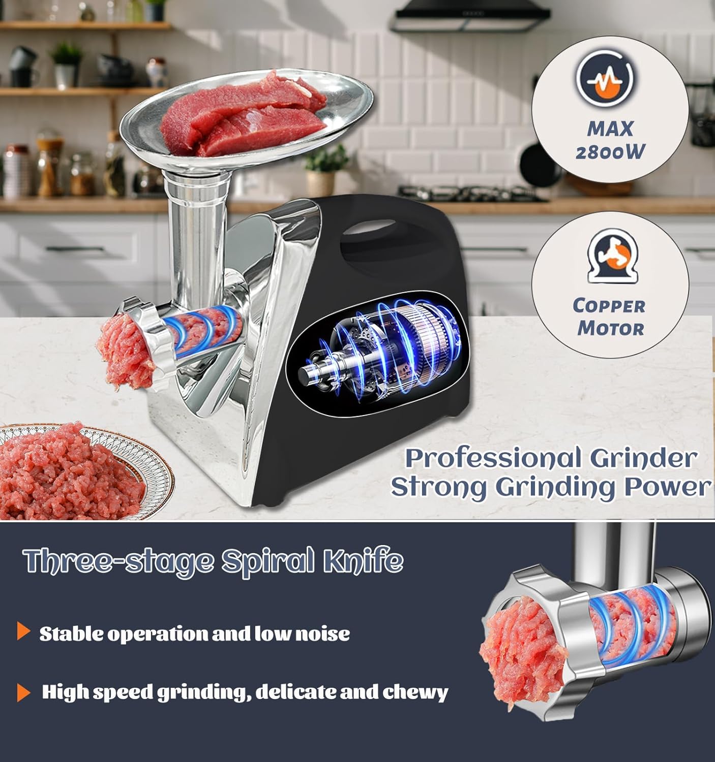 Electric Meat Grinder Mincer Machine,Heavy Duty Meat Grinders 2800W,Sausage Maker with Blade,3 Plates,Sausage Stuffer Tube and Kubbe Kit for Home Kitchen Use (2800W-Black)