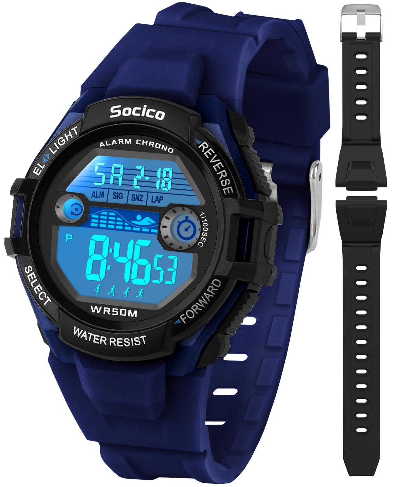 SOCICO Reloj Digital Infantil para niños niñas, 2 Correas de Silicona Intercambiables, Reloj Deportivo Resistente al Agua hasta 50M con retroiluminación de 7 Colores, Alarma y cronómetro