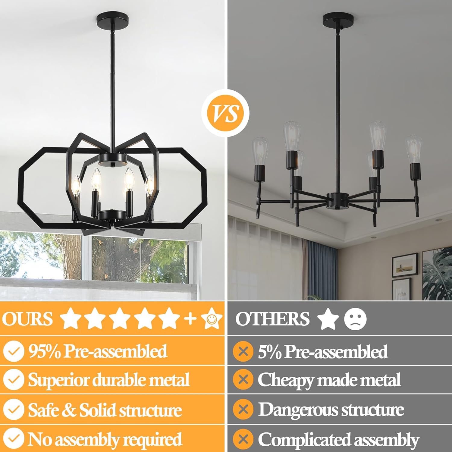 6-Light Black Chandelier, Modern Dining Room Light Fixture, Geometric Pendant Lights, Kitchen Island Metal Farmhouse Light Fixtures for Dining Room Entryway Foyer Hallway Living Room Kitchen