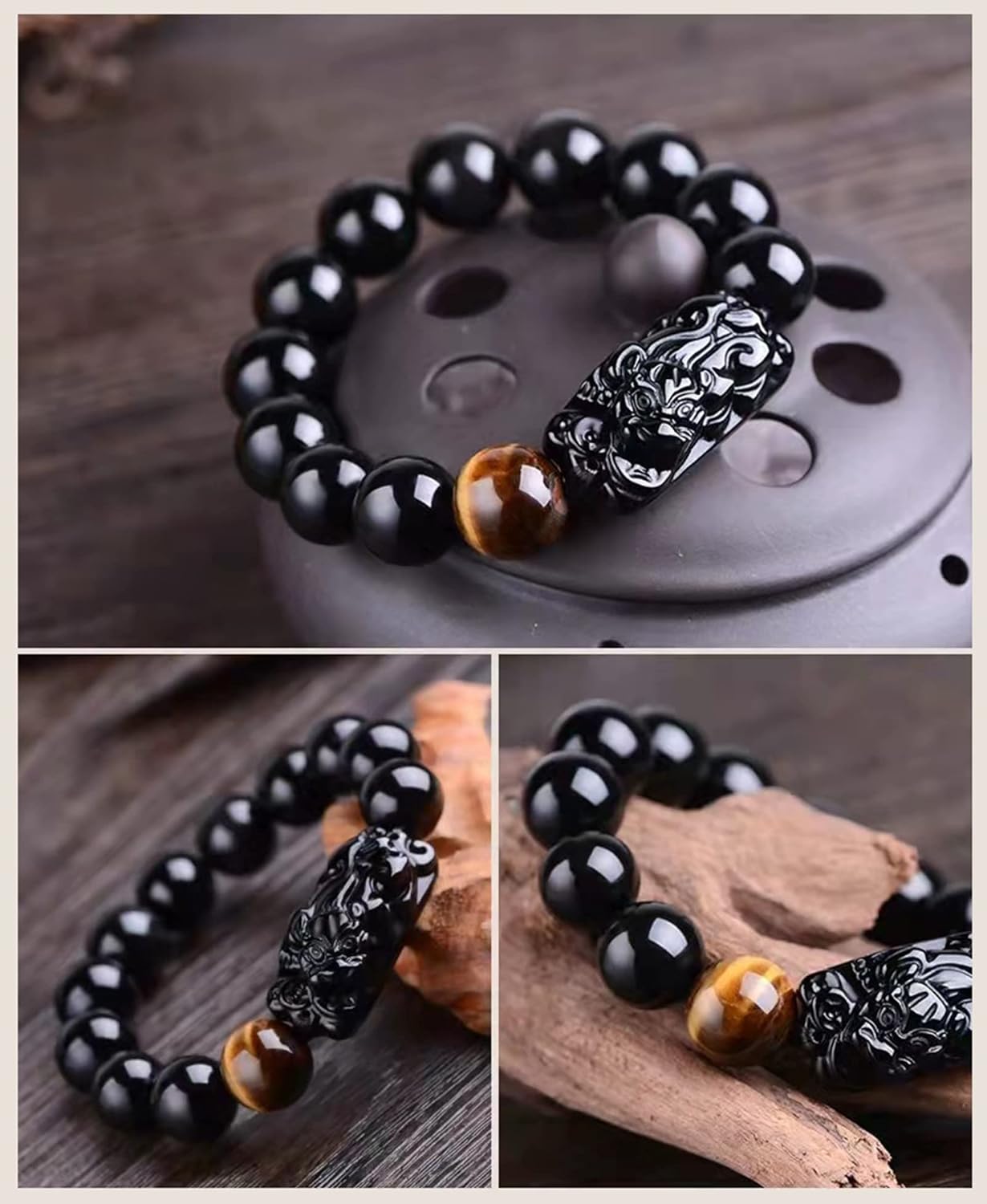 Black Obsidian Bracelet,Feng Shui Black Obsidian Wealth Bracelet for Women Men Stretch Obsidian Bracelet Bangle with Pixiu Tiger Eye Stone Attract Wealth Money and Good Luck - Image 2