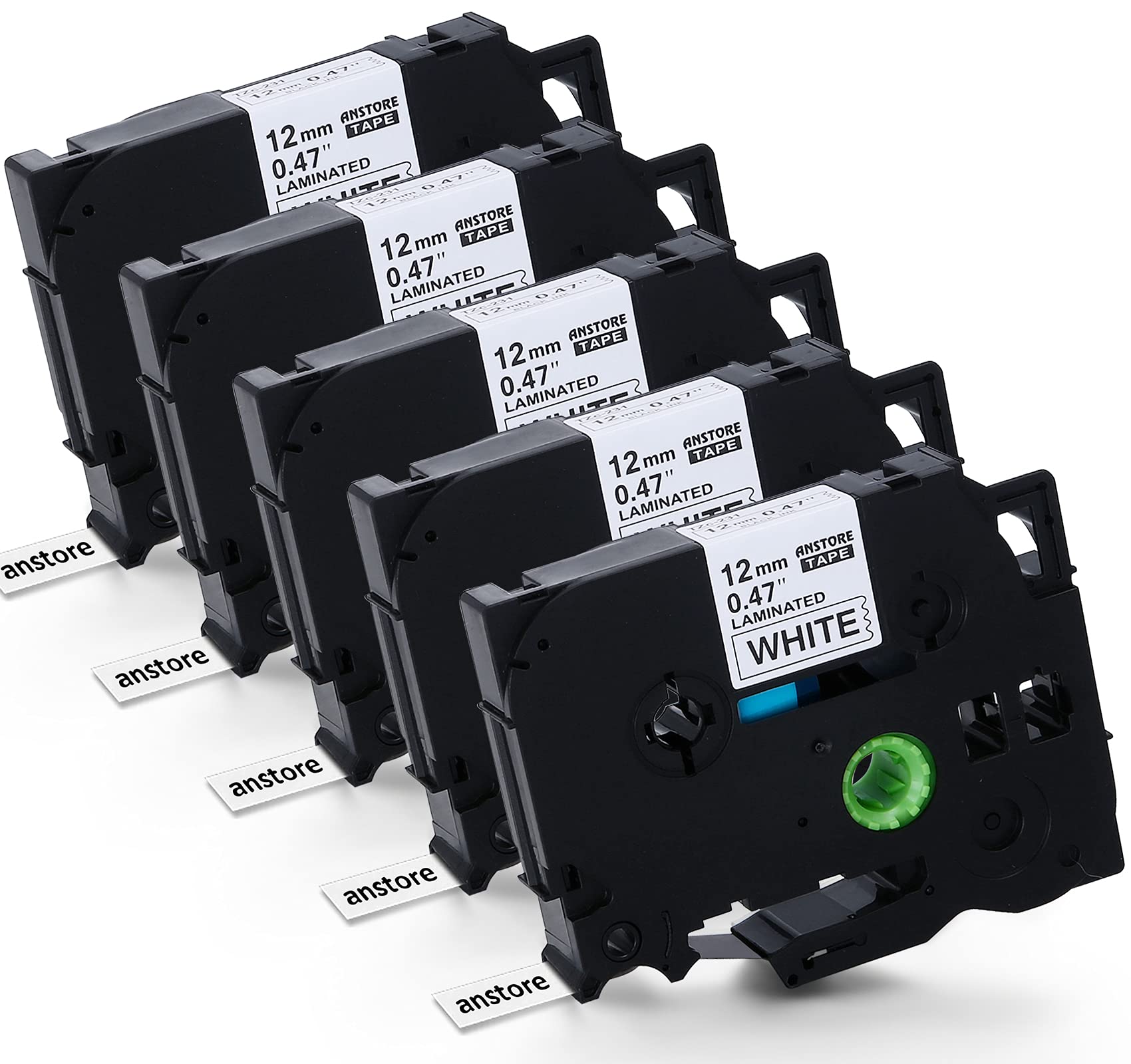 Anstore Compatible Label Tape Replacement for Brother Ptouch Label Tape TZe-231 12mm Laminated Tape Laminated Adhesive TZe Cassette Tape Black on White for PT-E100/E100B/H100/1010/1090, 5-Pack