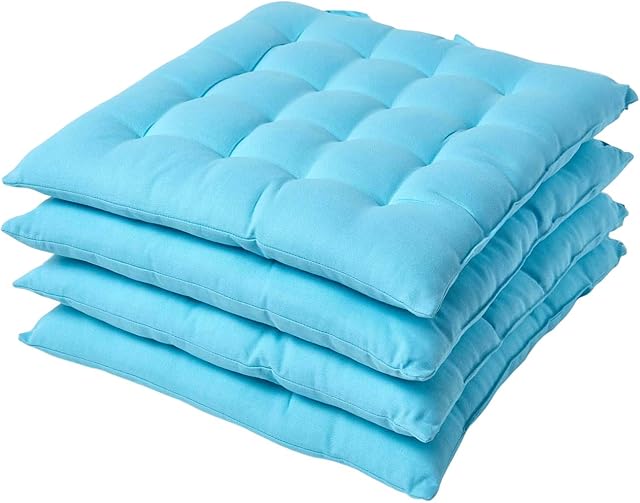 HOMESCAPES Blue Seat Pads for Dining Chair, Set of 4 100% Cotton Chair Pads with Straps, 40x40 cm