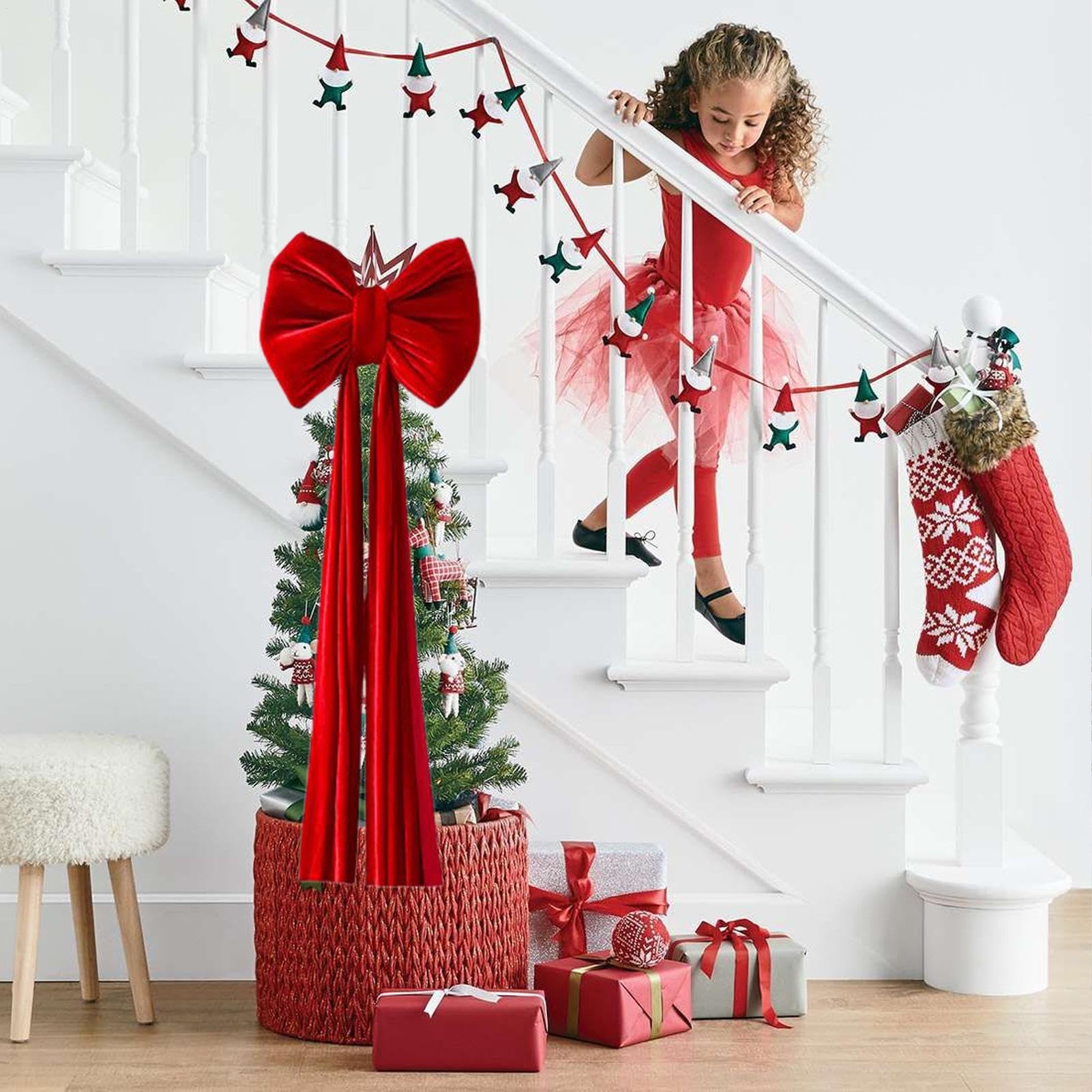 Rote Samtschleifen – Schleifenband für den Weihnachtsbaum aus Samt, riesige Weihnachtsschleife für Baum, Innen- und Außenbereich, Hintergrund