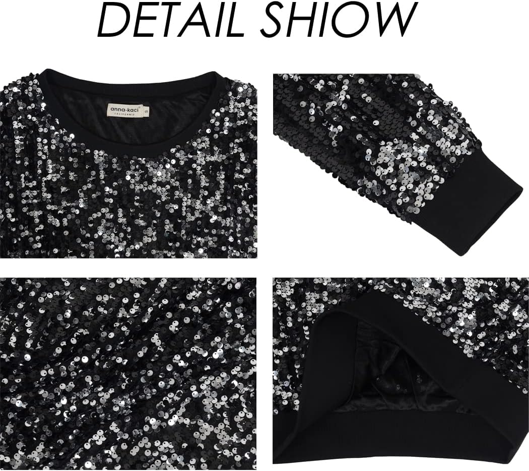 Anna-Kaci Women's Glitter Sequin Sweatshirt Long Sleeve Pullover Tops with Ribbed Cuffs - Image 5