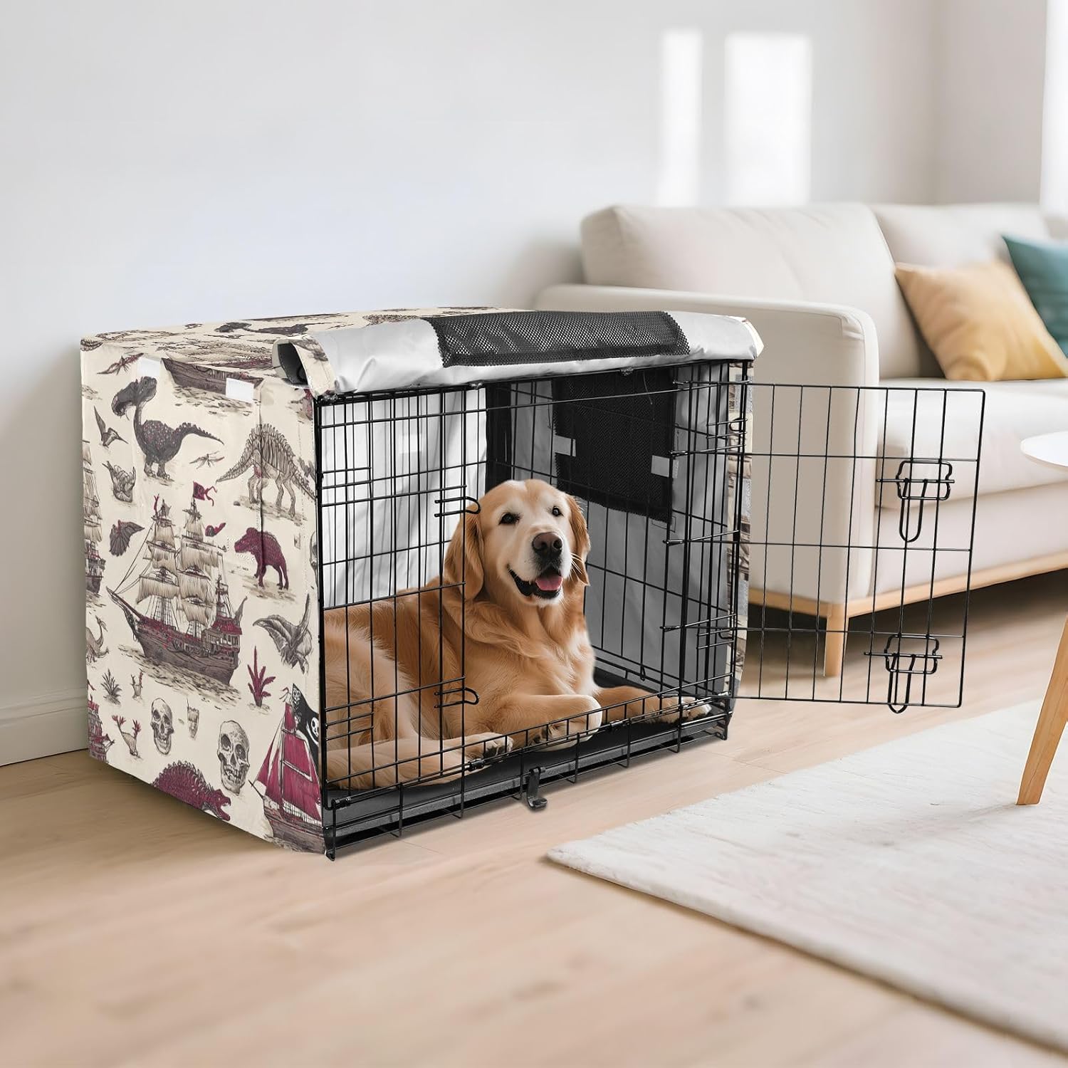 Dog Crate Cover Kennel Cover for Dog Cages Breathable for Wire Cage Indoor Outdoor Beige Red Dinosaurs Pirate Ship