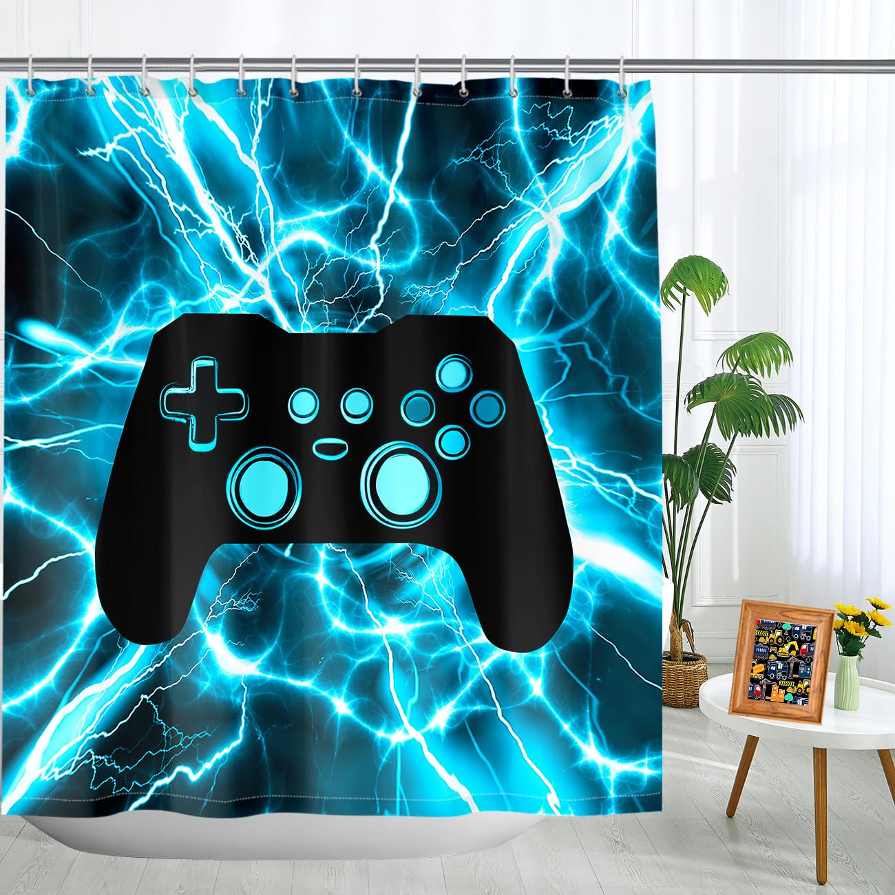 Kossmjx Kids Gamer Shower Curtain Set - Lightning Boys Gaming Shower Curtains Set for Kids Bathroom Set Gamepad Video Games Bathroom Sets Accessories