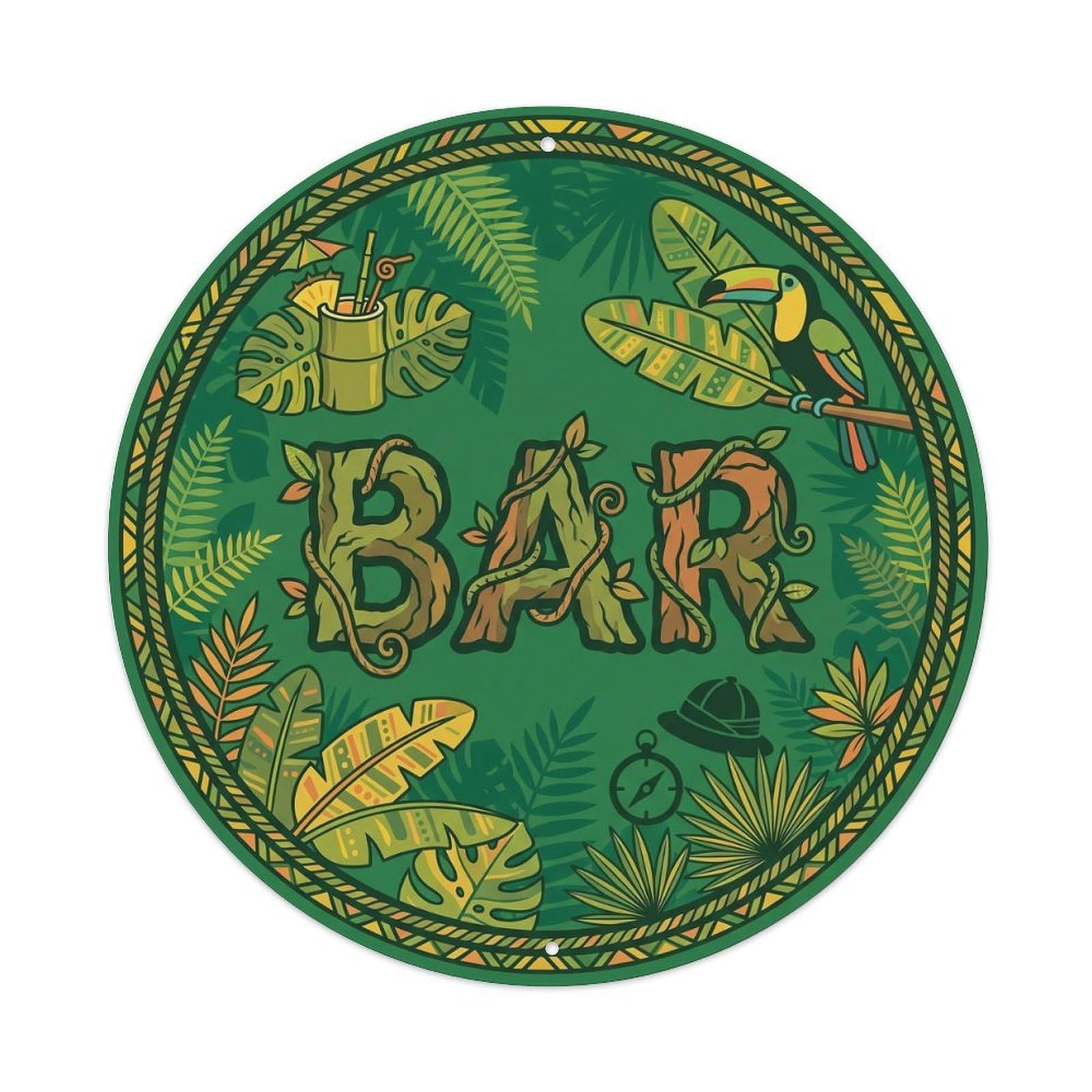 Vintage BAR Tropical Jungle Ornament Metal Tin Sign Plaque Wall Decor for Cafe, Club, Garden Round Metal Poster 8x8Inch