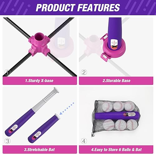 Miniatura 8 de Juego de béisbol  3 maneras de jugar, altura ajustable, fácil de montar, seguro y resistente, regalo deportivo ideal para niños