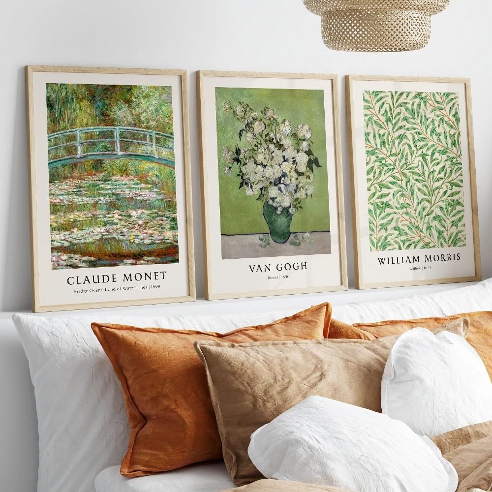 Sdvib Frameless Green Prints Flower Gallery Wall Set William Morris Claude Monet Vintage Posters Muted Botanical Art Decor(50X70cm/3Pcs )