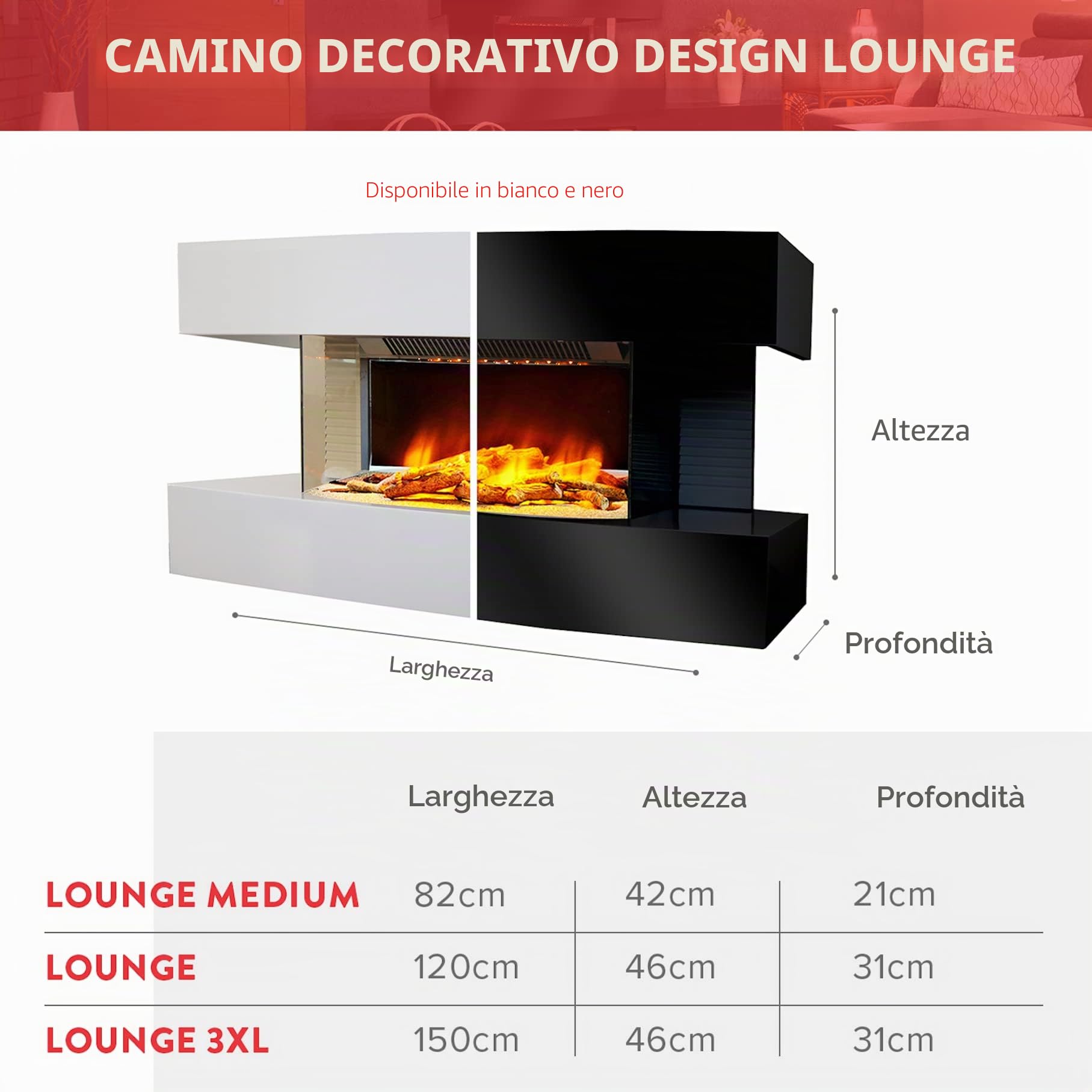 CHEMIN'ARTE Camino elettrico Lounge effetto fiamma LED - da parete - Bianco - 120cm - Telecomando, Caminetto con Timer e Controllo Automatico di Temperatura