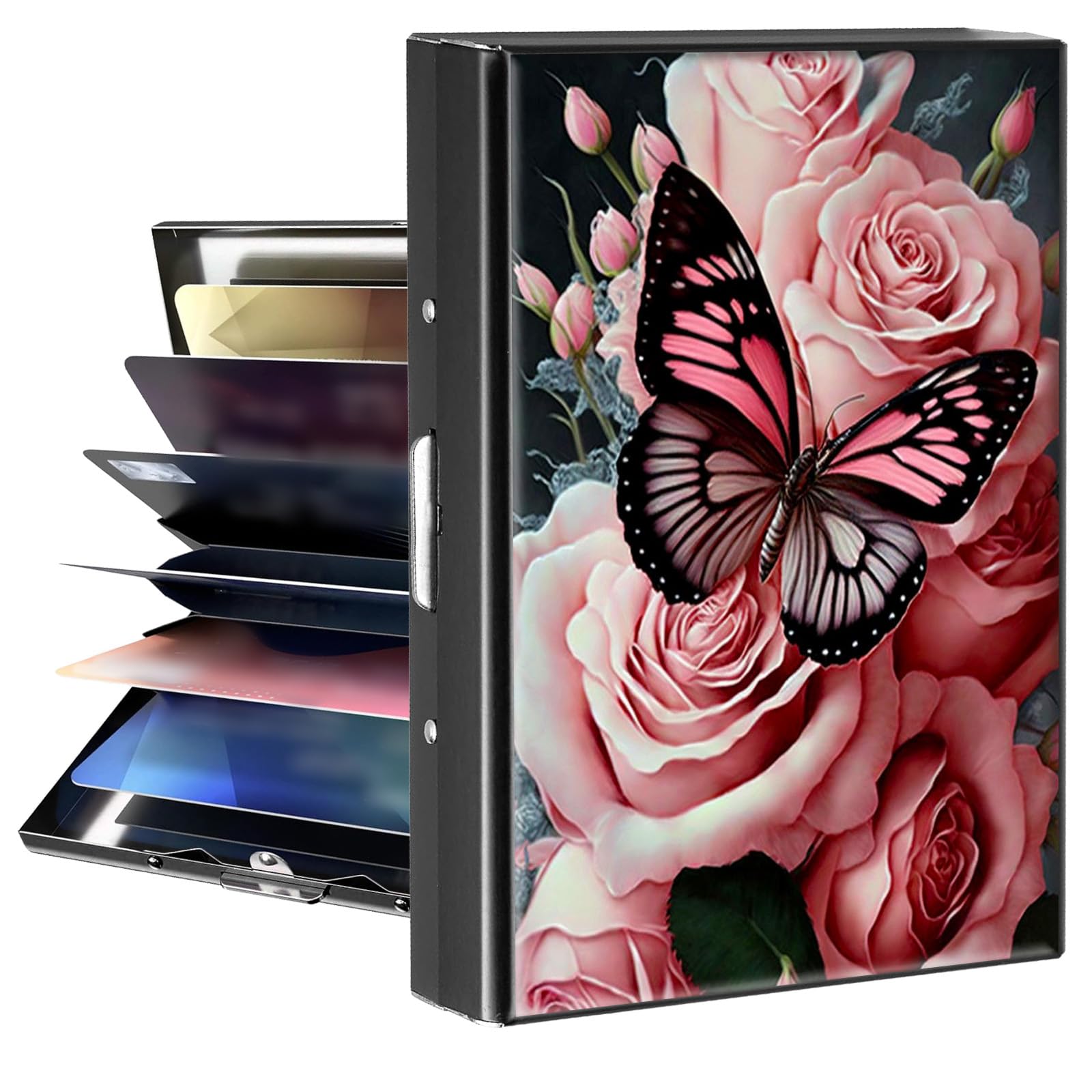 BPQOJB Business Card Holder Metal Rfid Card Holder Unique Pink Flower Butterfly Pattern Style Design Credit Card Wallet With 6 Card Slots Black Credit