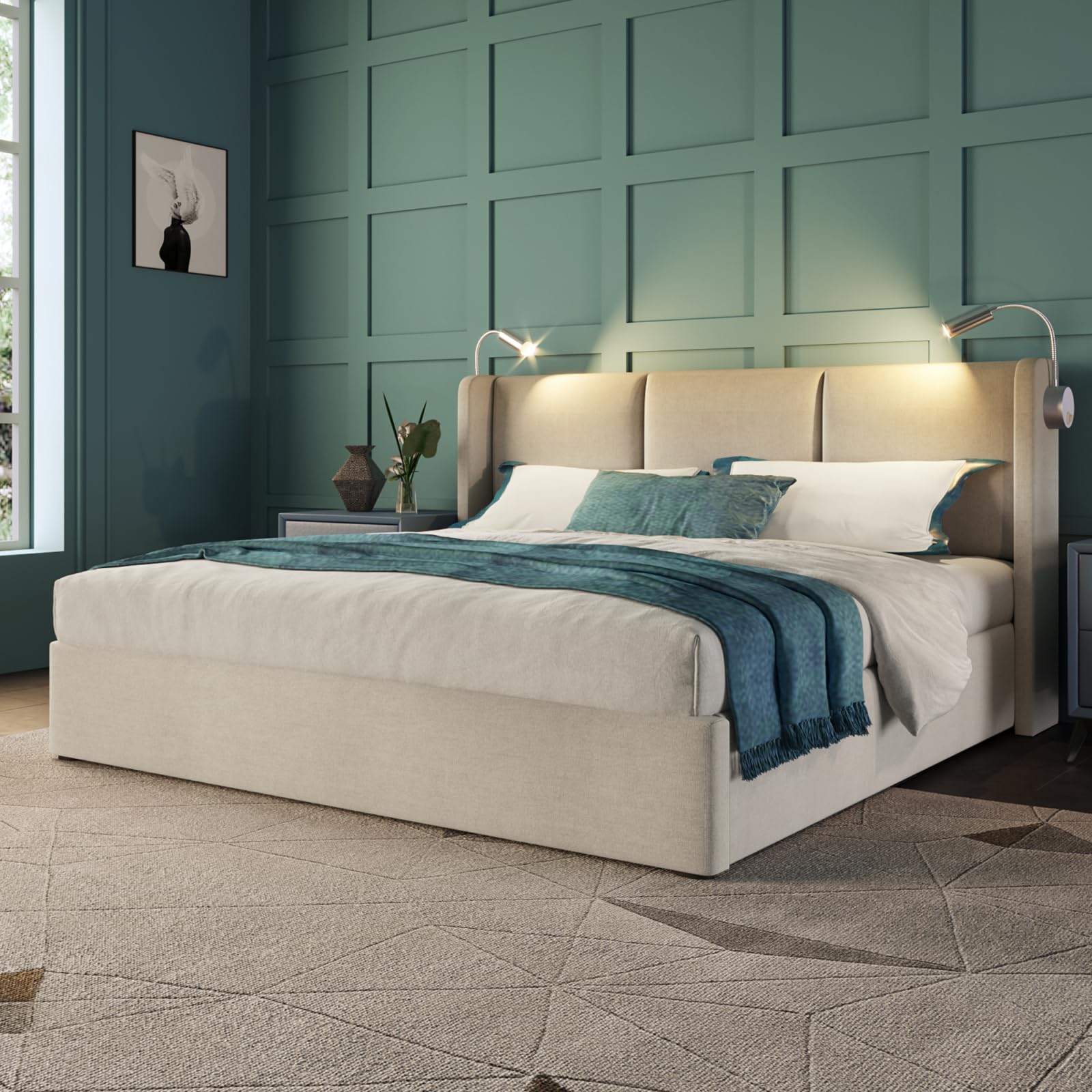FEEOHOME Letto contenitore 160 x 200 cm, letto matrimoniale con vano contenitore idraulico e rete a doghe, Letti imbottito con luce di lettura per adolescenti e adulti, Lino beige