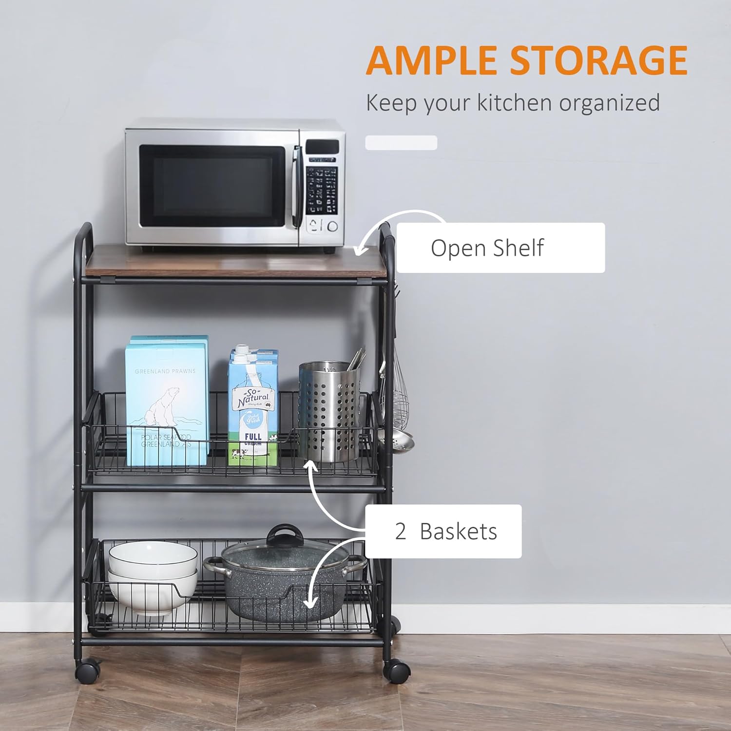 HOMCOM 3 Tier Kitchen Cart with Storage, Rolling Kitchen Island Cart with 2 Sliding Fruit Basket and Side Hooks for Dining Room, Walnut