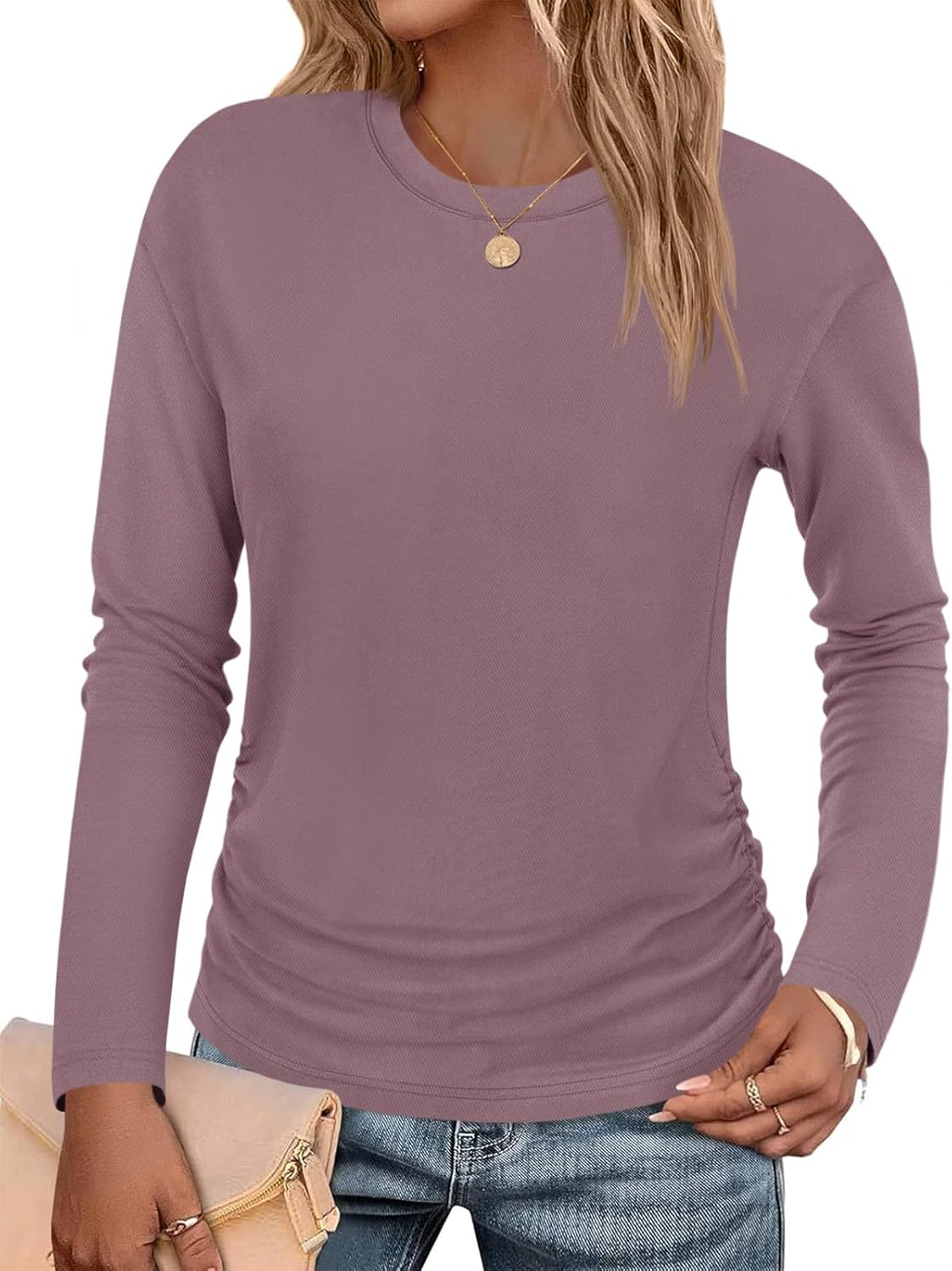 Tankaneo Womens T-Shirts Summer Long Sleeve 2025 Crew Neck Blouse Dressy Casual Ruched Slim Fit Trendy Tops